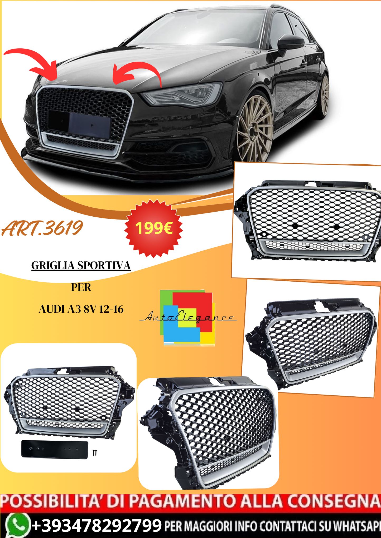 💫ART.3619 Griglia Sportiva nero lucido argento per Audi A3 8V 12-16💫