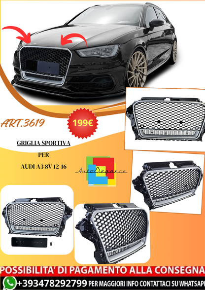 💫ART.3619 Griglia Sportiva nero lucido argento per Audi A3 8V 12-16💫