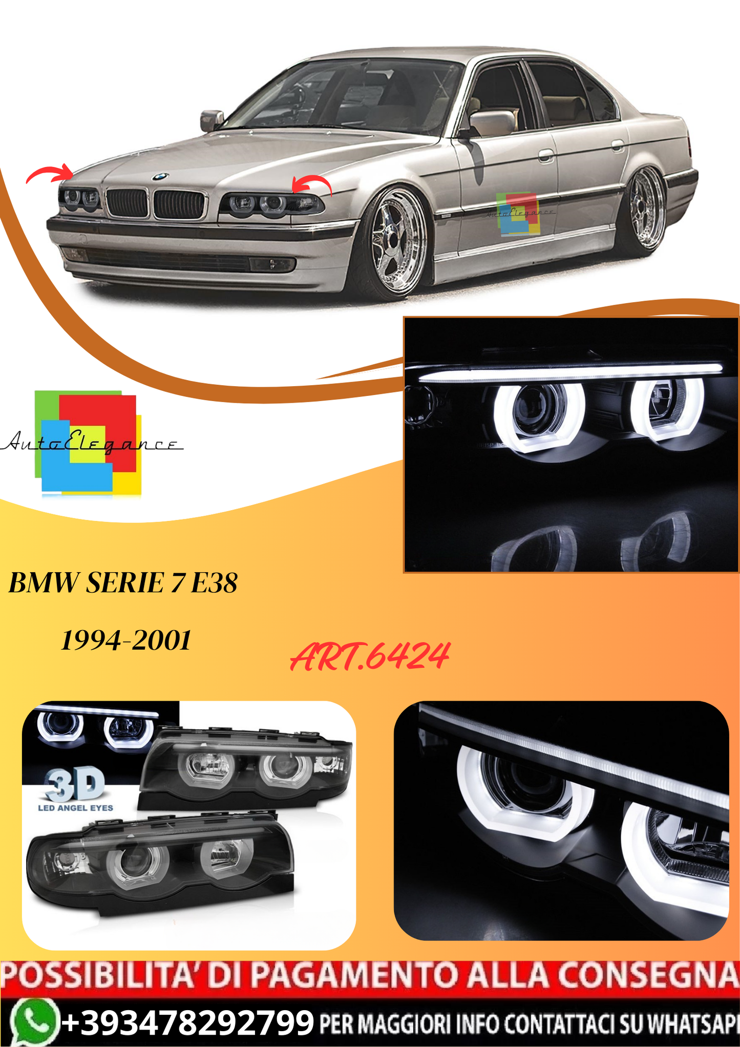 💫ART.6424 FARI OCCHI D'ANGELO LED 3D NERI per BMW E38 94-01💫