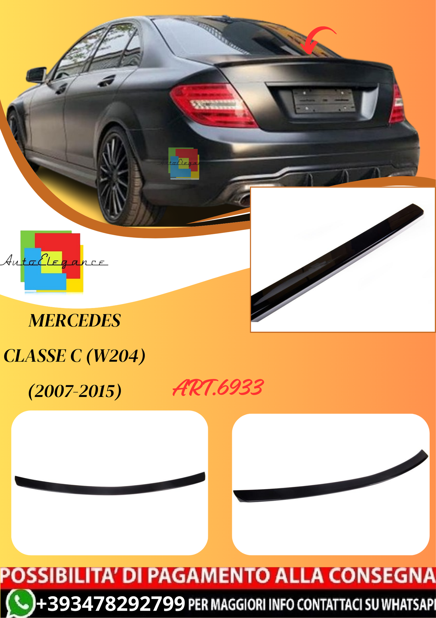 💫ART.6933 Spoiler Posteriore AMG Look per Mercedes Classe C (W204) (2007-2015)💫