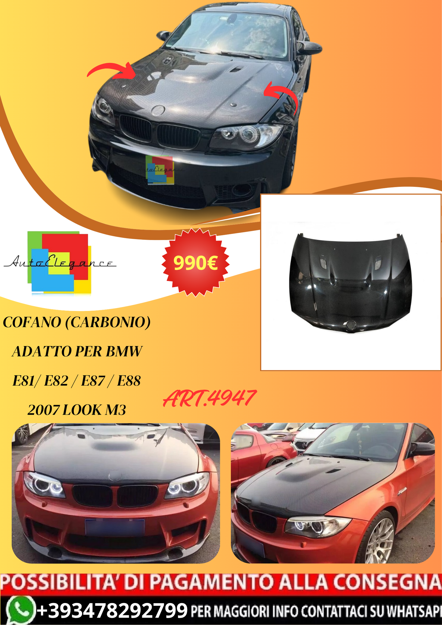 💫ART.4947 Cofano (Carbonio) adatto per BMW E81/ E82 / E87 / E88 2007 Look M3💫