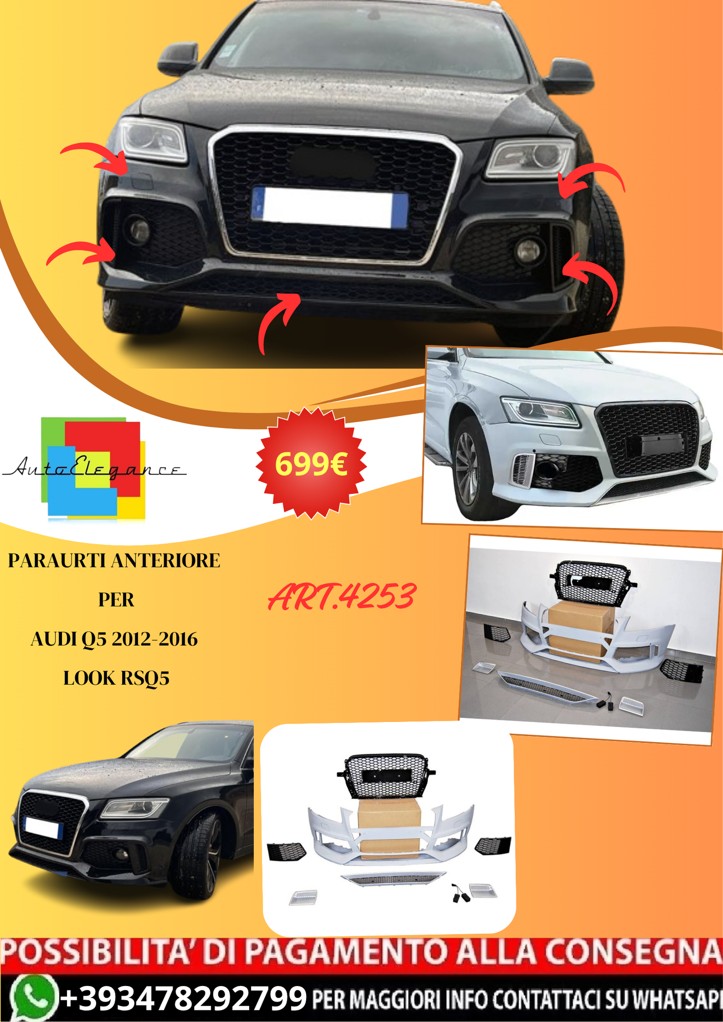 💫ART.4253 Paraurti Anteriore adatto per Audi Q5 2012-2016 Look RSQ5💫