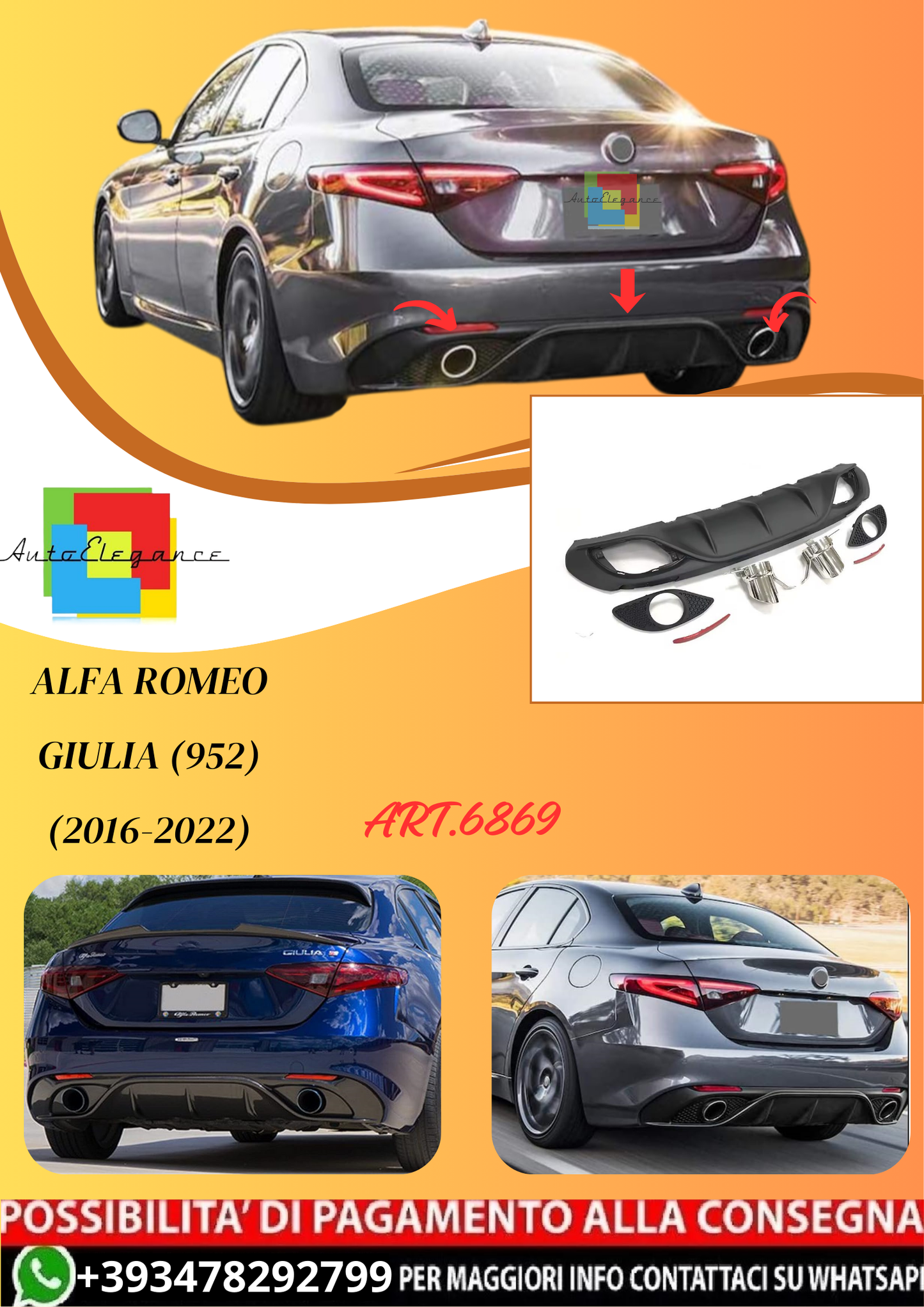 💫ART.6869 Diffusore + Terminali Veloce per Alfa Romeo Giulia (952) (2016-2022)💫