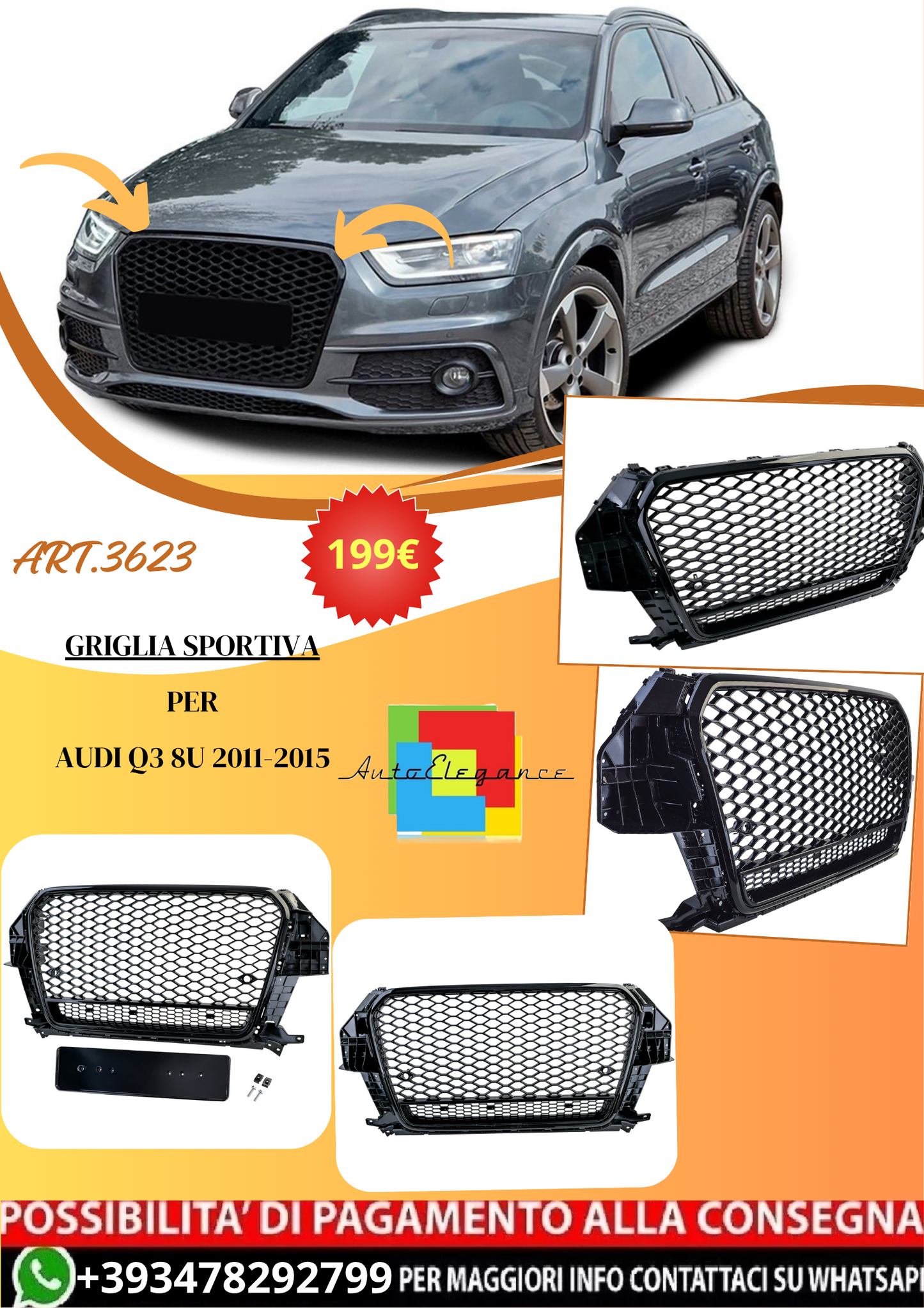💫ART.3623 Griglia Sportiva Nero lucido per Audi Q3 8U 11-15💫