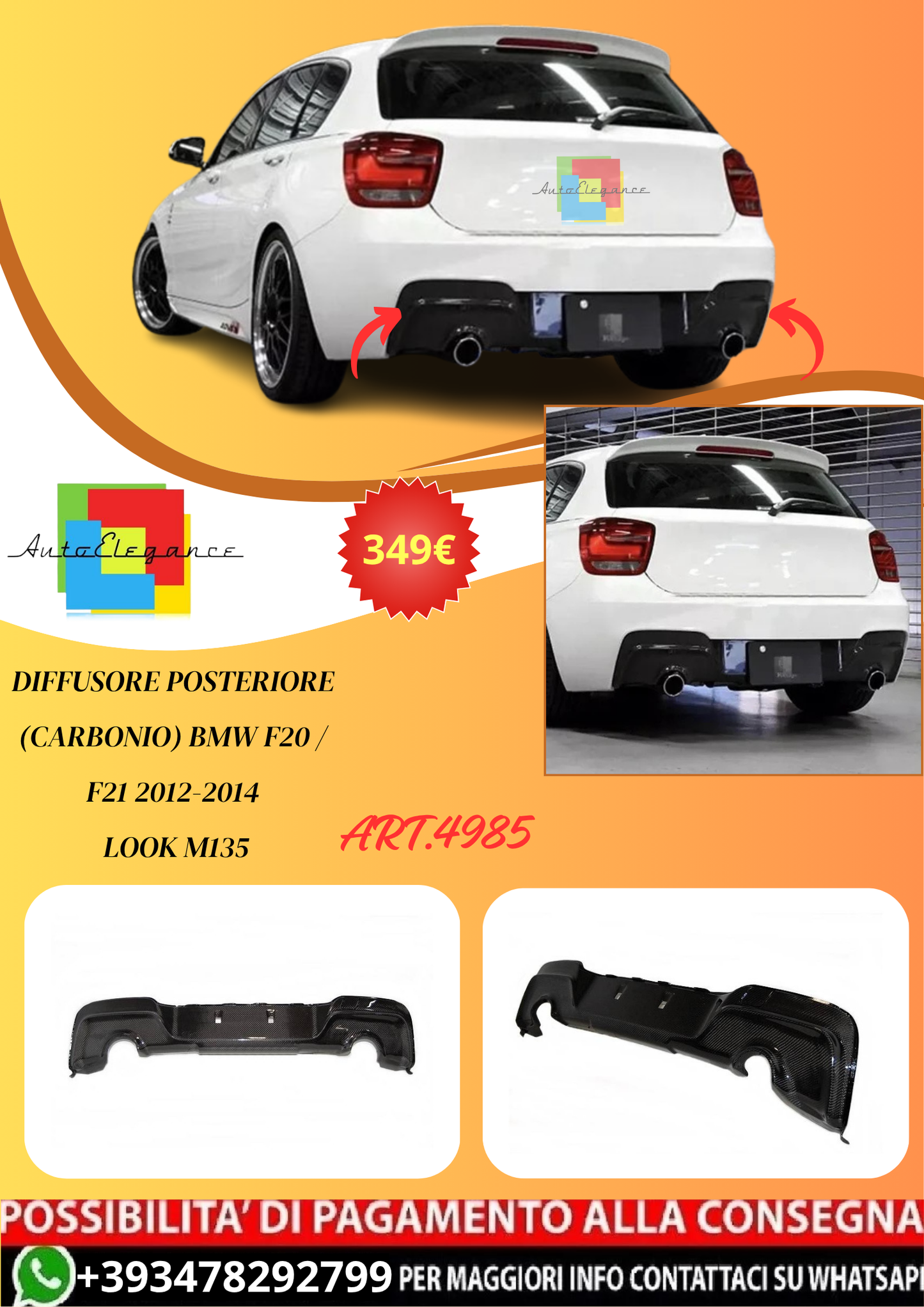 💫ART.4985 Diffusore Posteriore (Carbonio) BMW F20 / F21 2012-2014 Look M135💫