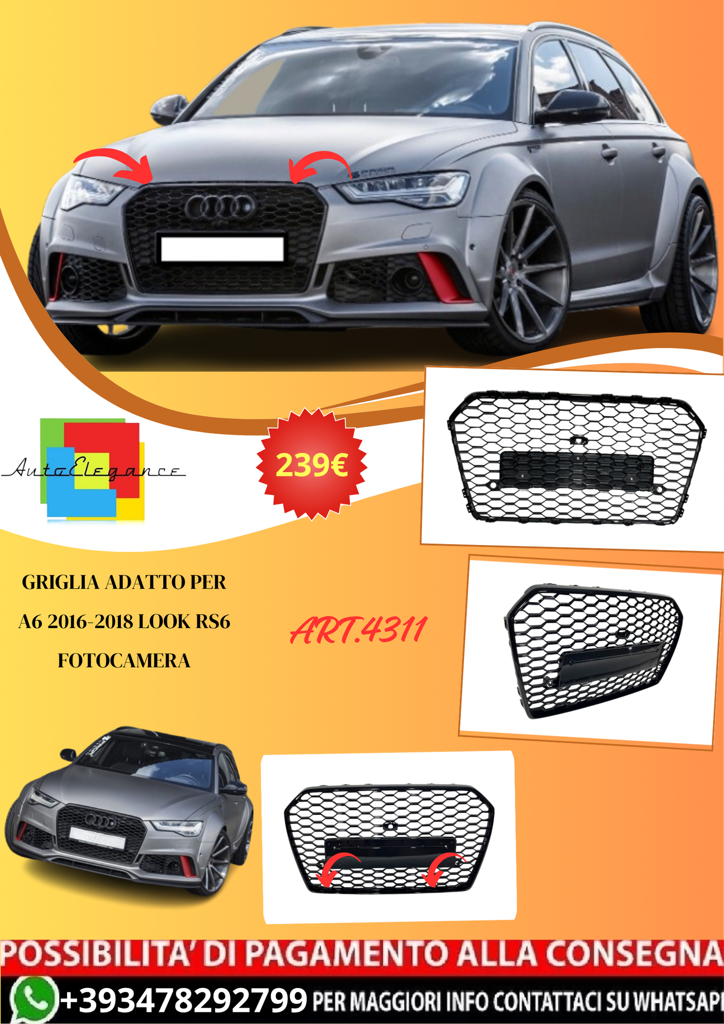 💫ART.4311 Griglia adatto per Audi A6 2016-2018 Look RS6 Fotocamera💫
