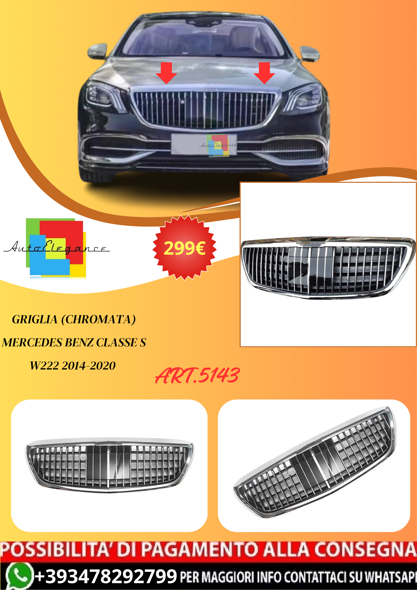 💫ART.5143 Griglia (Chromata) Mercedes Benz Classe S W222 2014-2020💫