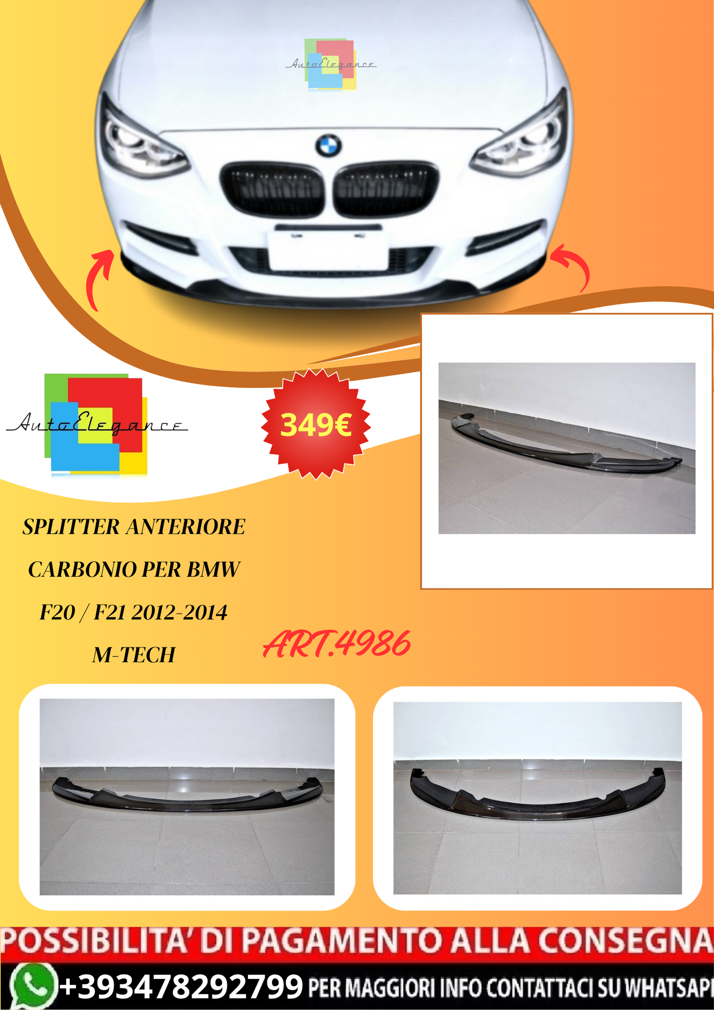 💫ART.4986 Splitter Anteriore Carbonio per BMW F20 / F21 2012-2014 M-Tech💫