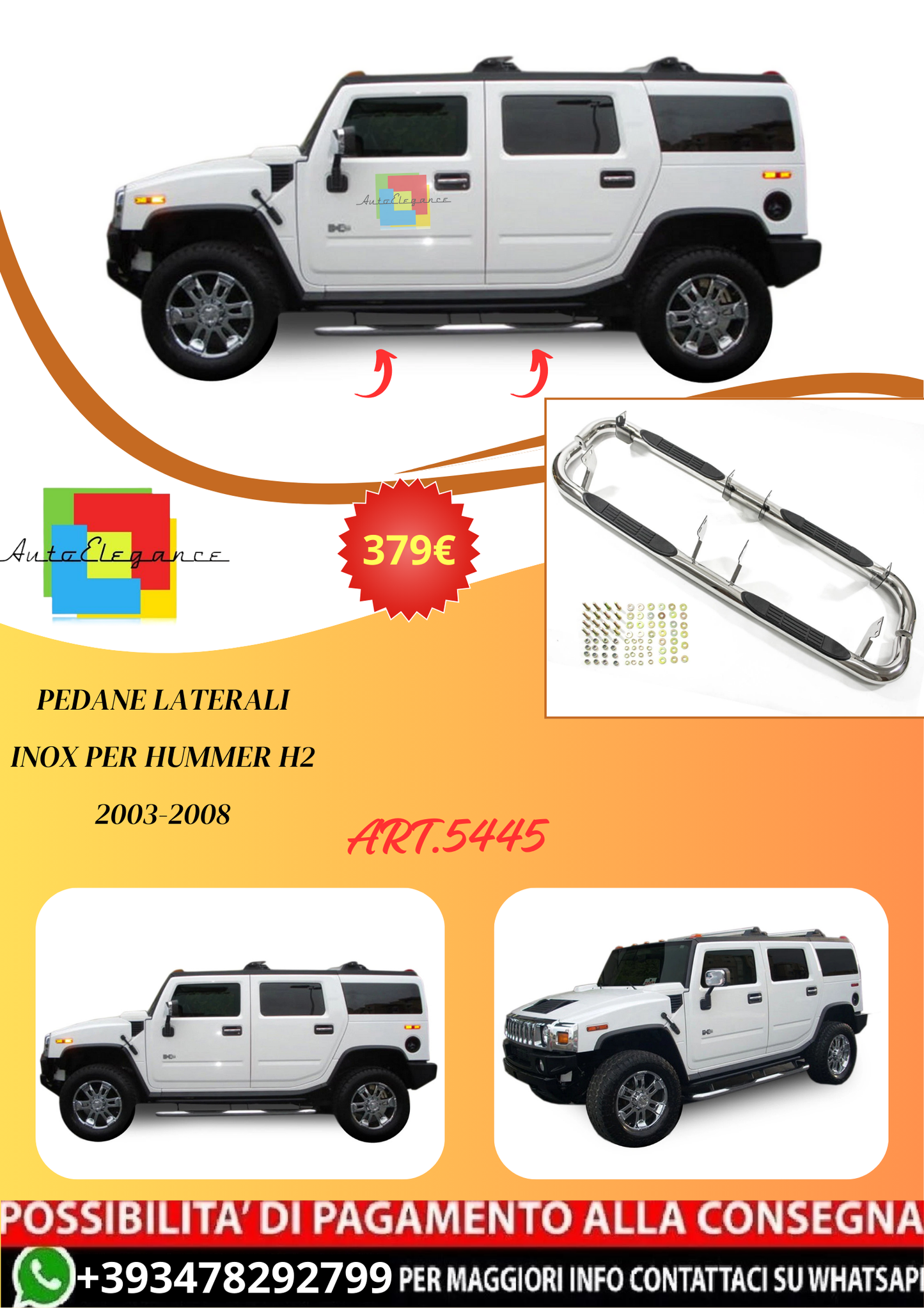 💫ART.5445 Pedane Laterali Inox per Hummer H2 2003-2008💫