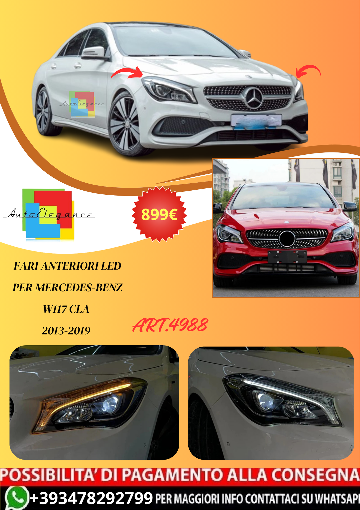 💫ART.4988 Fari Anteriori LED per Mercedes-Benz W117 CLA 2013-2019💫