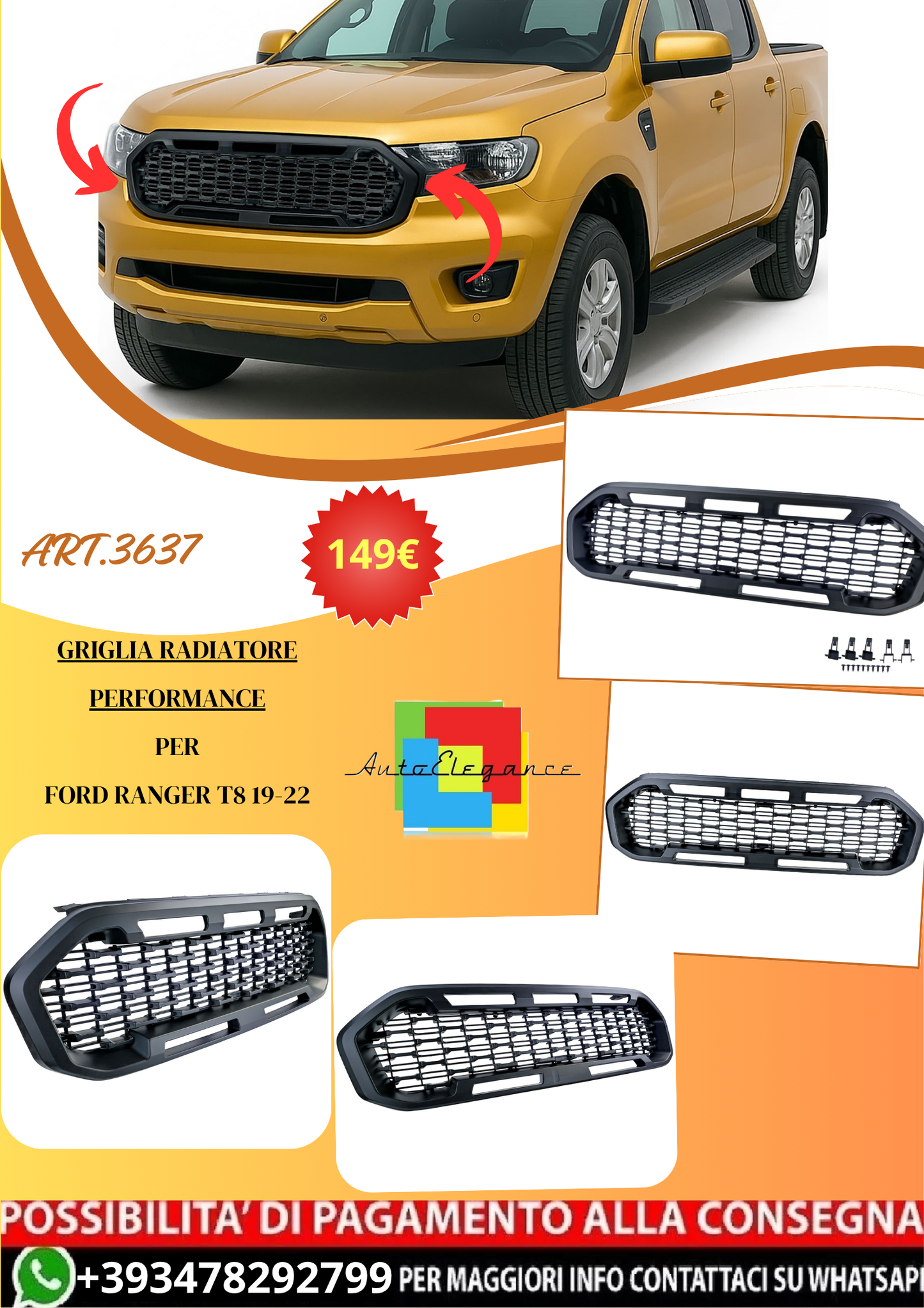 💫ART.3637 Griglia radiatore Performance per Ford Ranger T8 19-22💫