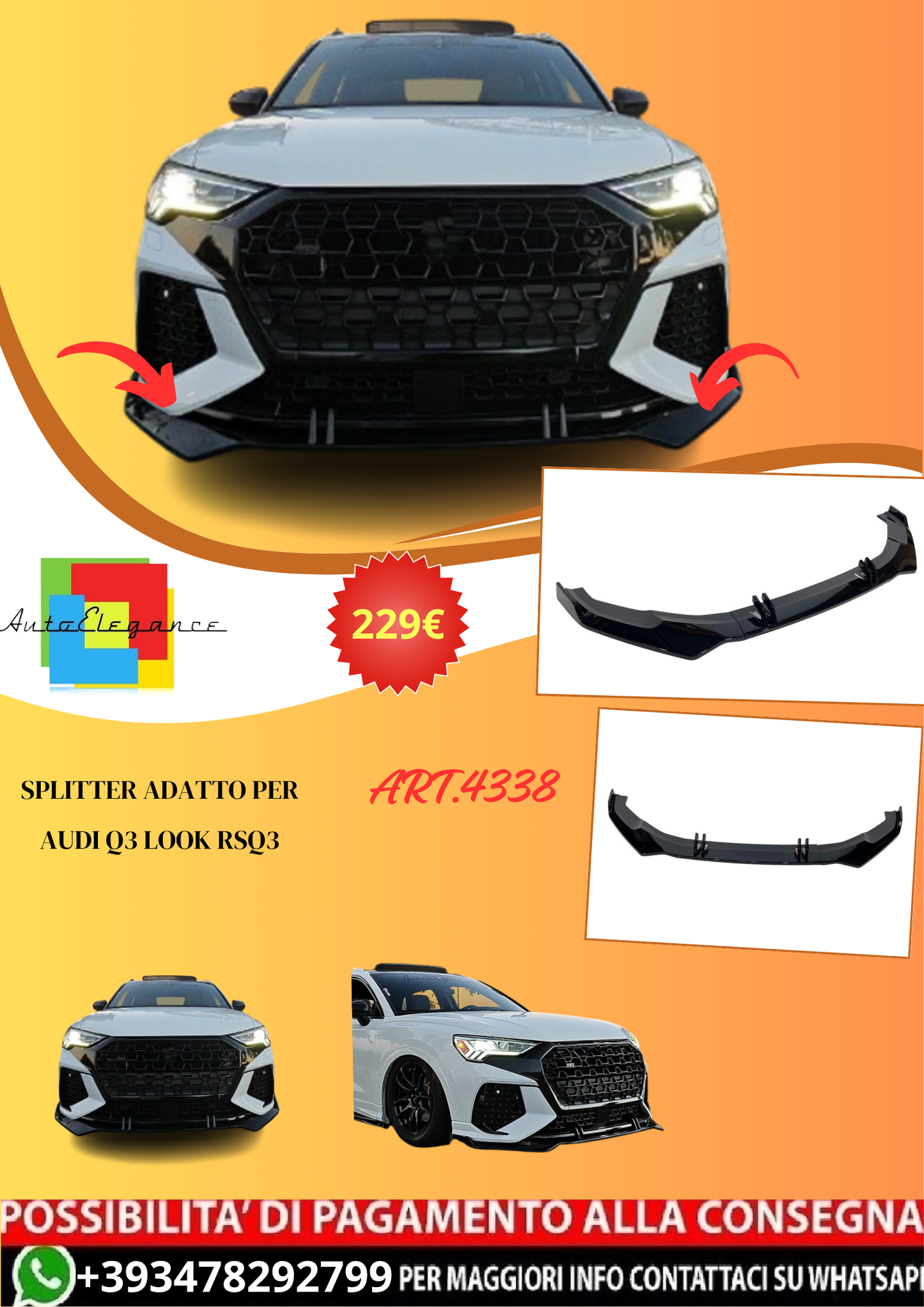 💫ART.4338 Splitter per Q3 F3 look RSQ3 (SOLO PER PARAURTI AFTERMARKET RS)💫