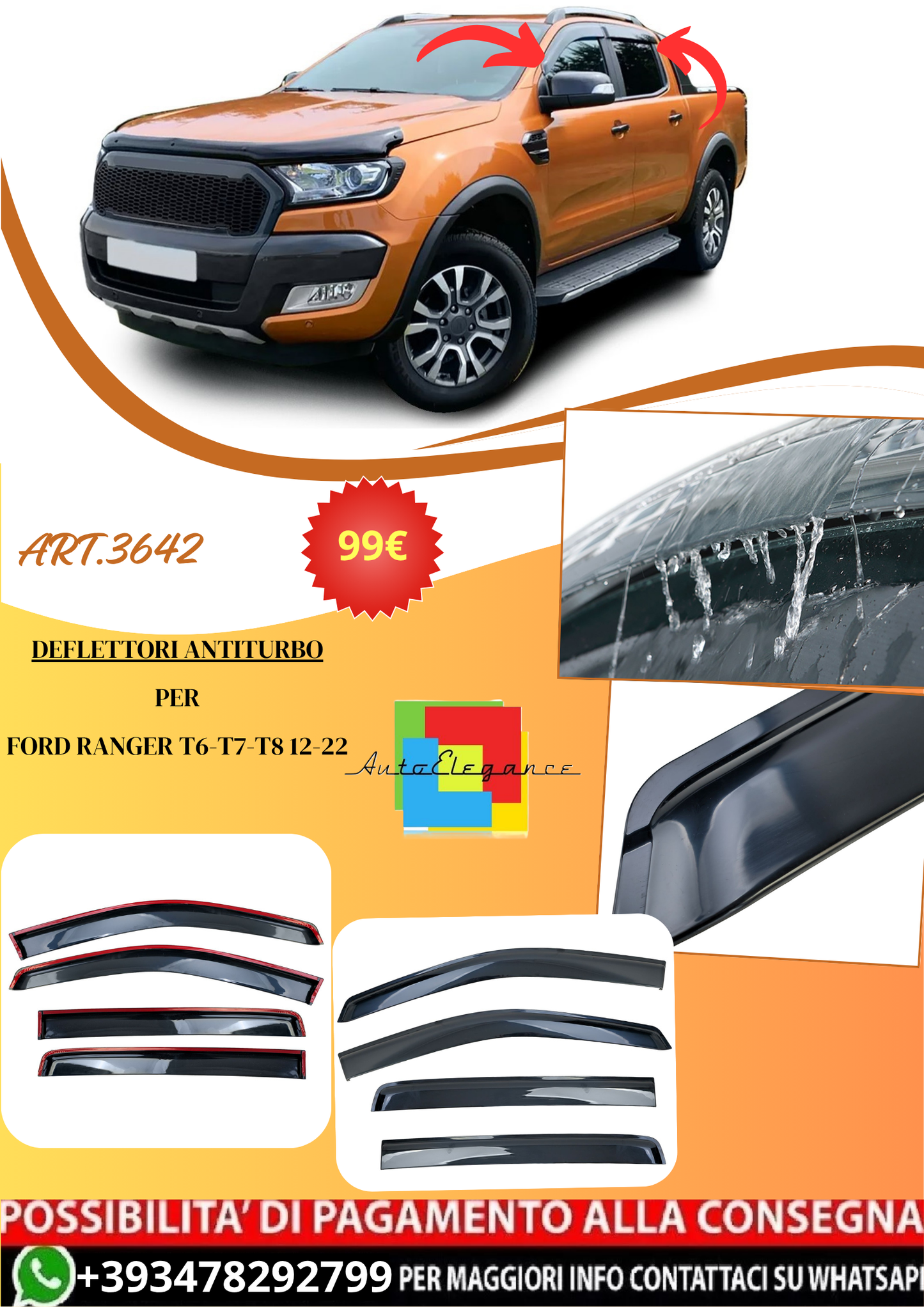 💫ART.3642 Deflettori Antiturbo 4 pezzi Nero per Ford Ranger T6 T7 T8 12-2022💫
