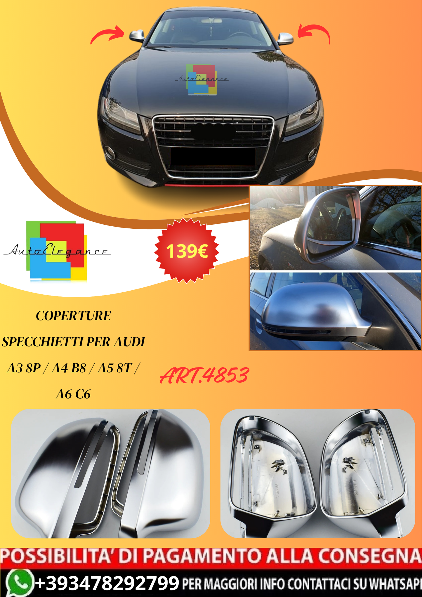 💫ART.4853 Coperture Specchietti per Audi A3 8P / A4 B8 / A5 8T / A6 C6💫