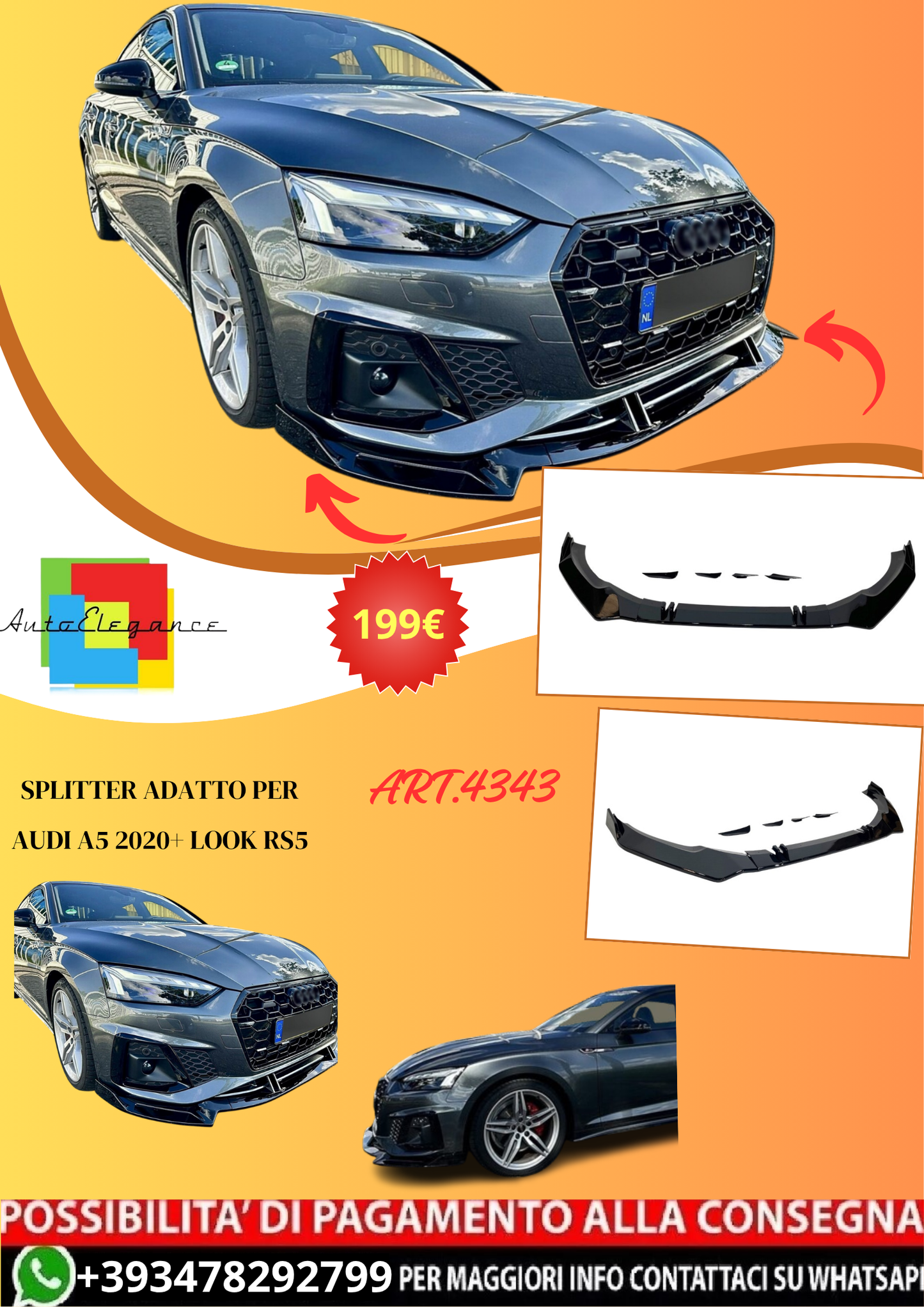 💫ART.4343 Splitter adatto per Audi A5 2020+ look RS5💫