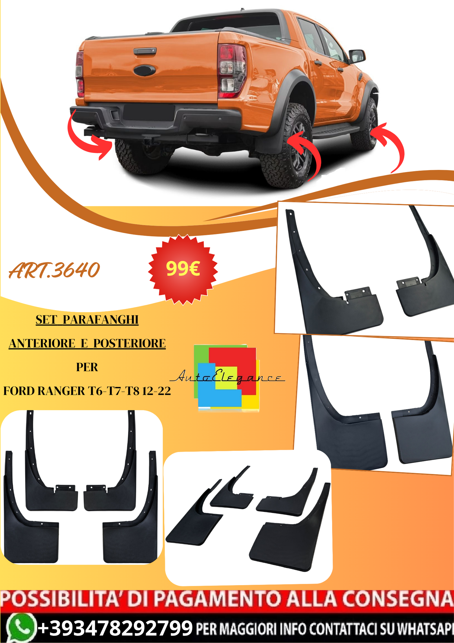 💫ART.3640 Set parafanghi anteriori e posteriori Neri per F Ranger T6-T7-T8 💫