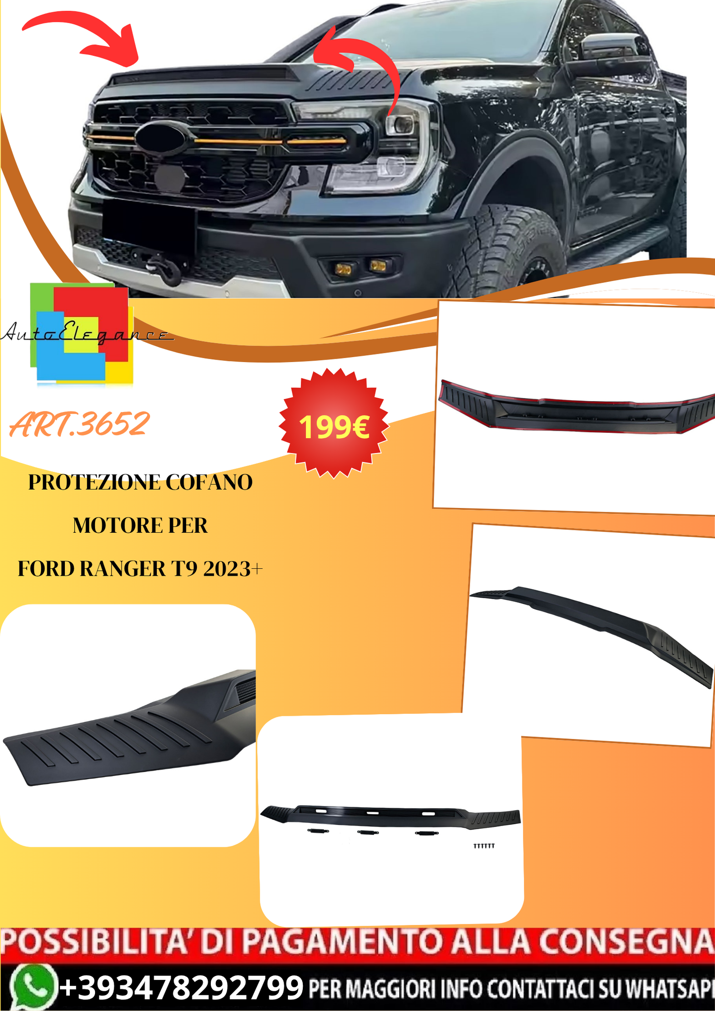 ART.3652 Protezione cofano motore adatta per Ford Ranger T9 2023+