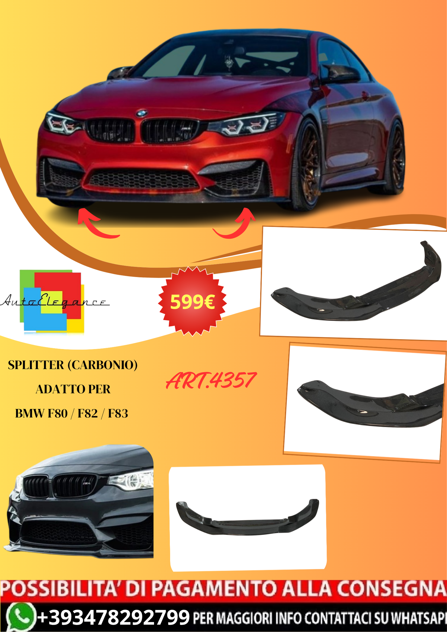 💫ART.4357 Splitter (in Carbonio) adatto per BMW F80 / F82 / F83💫