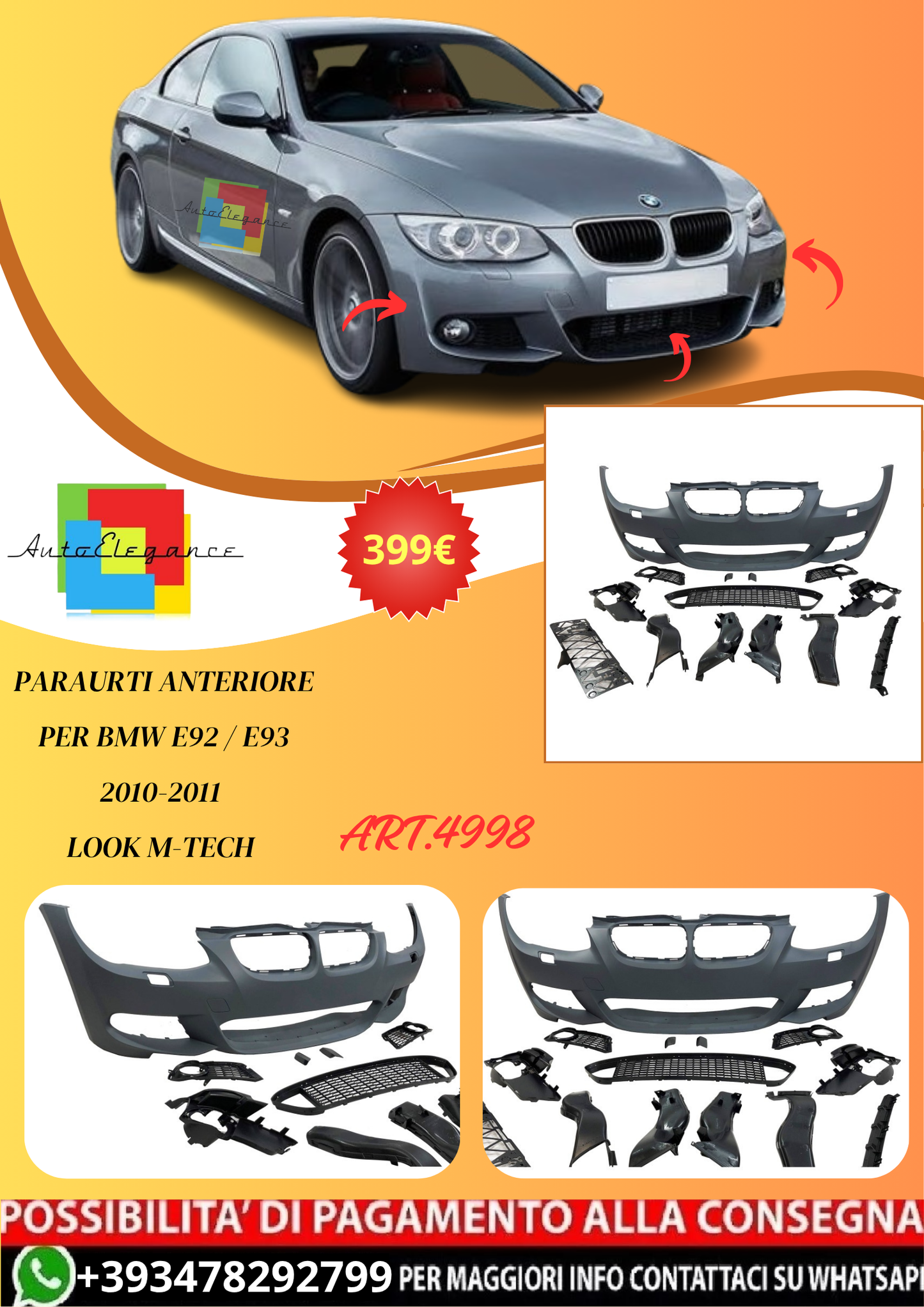 💫ART.4998 Paraurti Anteriore per BMW E92 / E93 2010-2011 look M-Tech💫