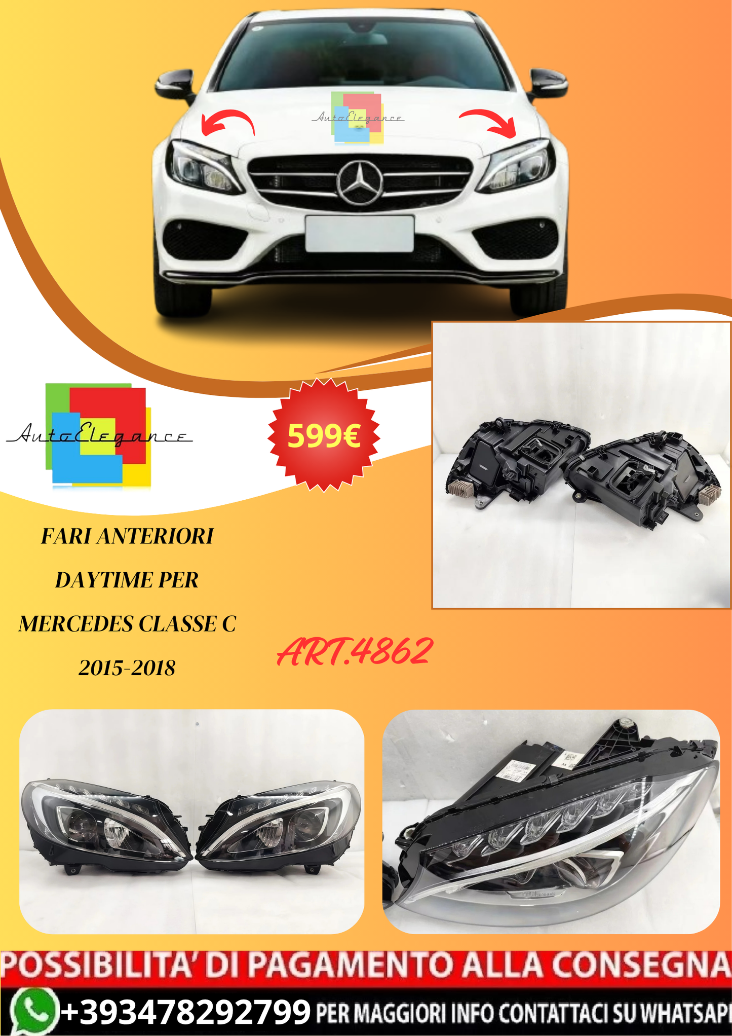 💫ART.4862 Fari Anteriori Daytime per Mercedes Classe C 2015-2018💫