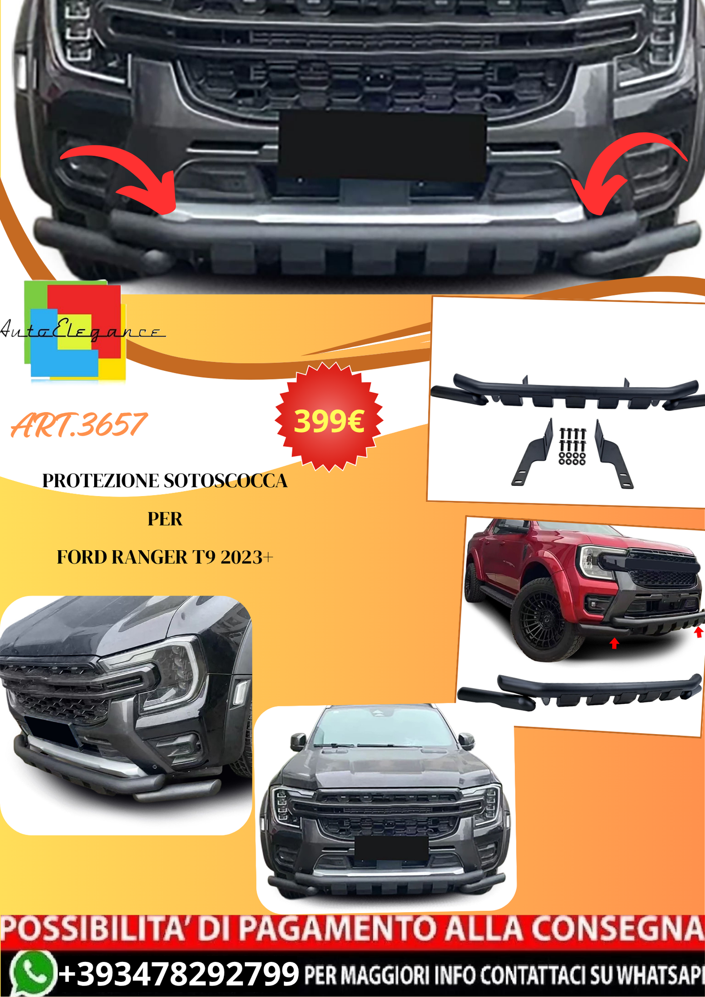 💫ART.3657 Protezione Sottoscocca Nero per Ford Ranger T9 2023+💫 (Copia)