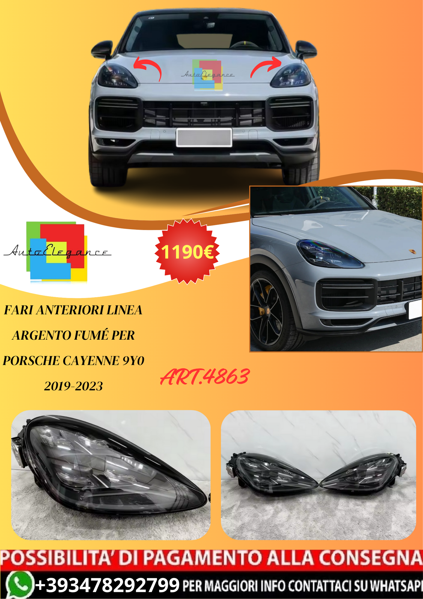 💫ART.4863 Fari Anteriori Linea Argento Fumé per Porsche Cayenne 9Y0 2019-2023💫