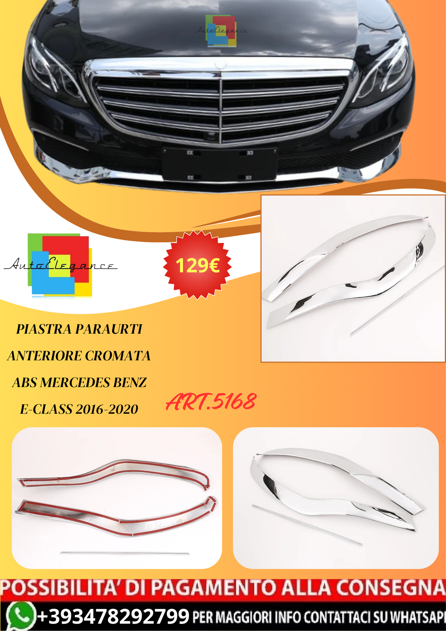 💫ART.5168 Piastra Paraurti Anteriore Cromata ABS Mercedes Benz E-Class 16-20💫