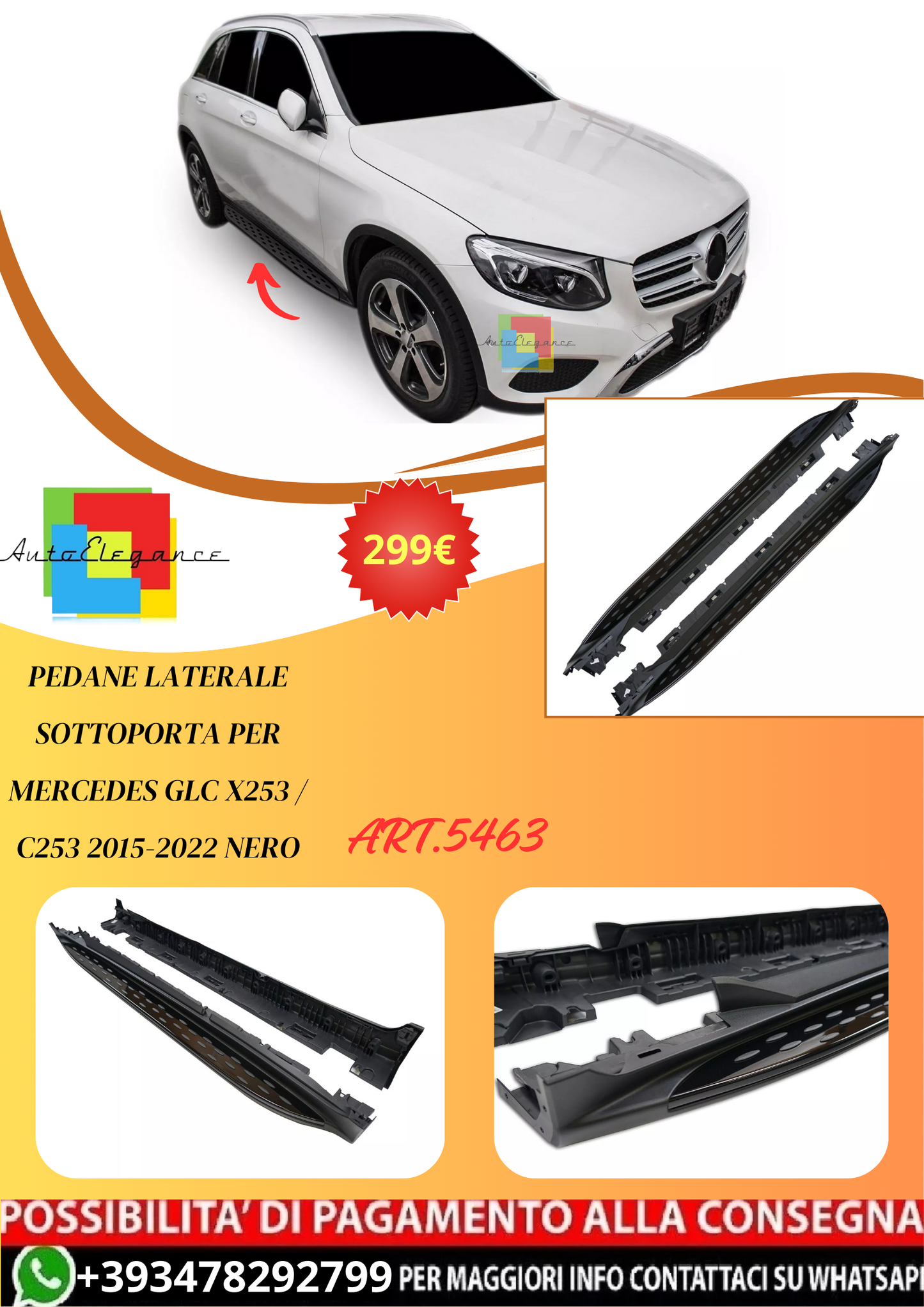 💫ART.5463 Pedane Laterale Sottoporta per Mercedes GLC X253 / C253 15-22 Nero💫