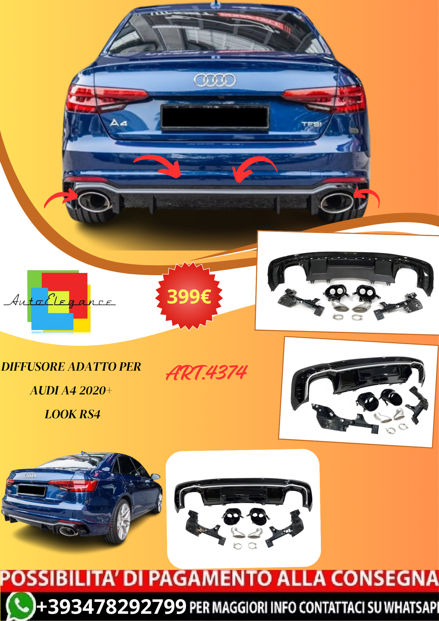 💫ART.4374 Diffusore Posteriore Audi A4 2020+ Look RS4💫