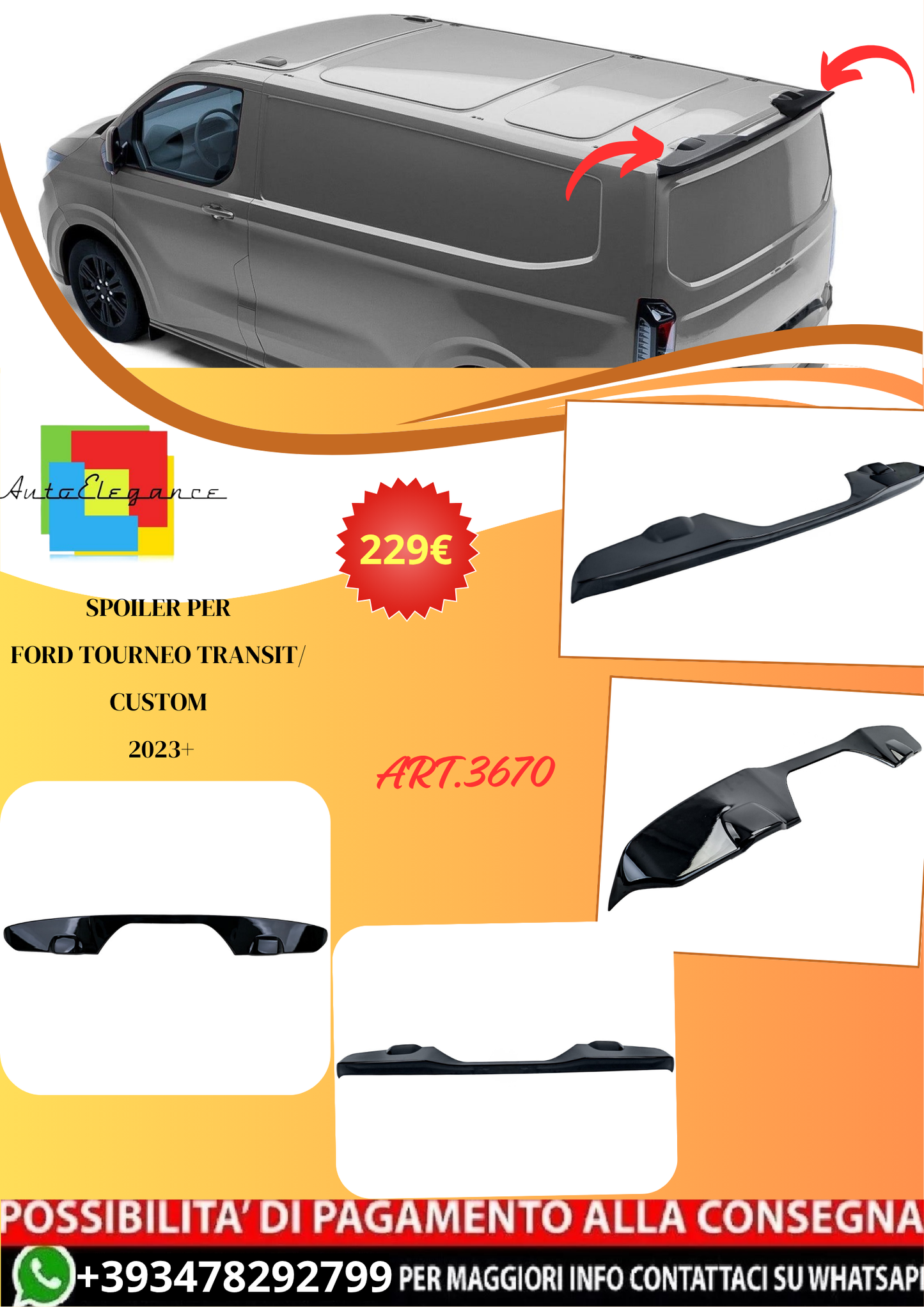 💫ART.3670 Spoiler Nero per Ford Tourneo / Transit Custom 2023+💫