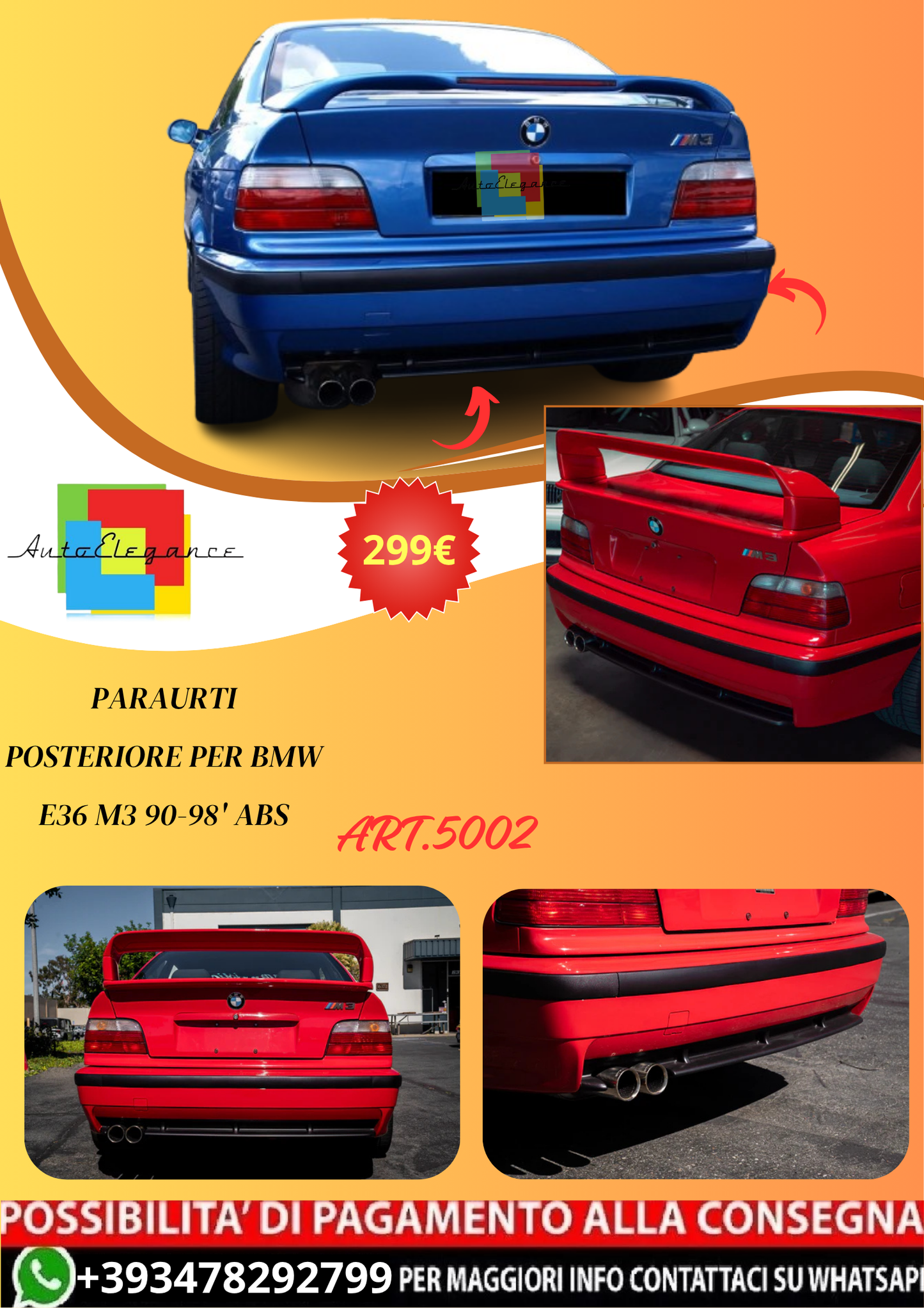 💫ART.5002 Paraurti Posteriore per BMW E36 M3 90-98' ABS💫