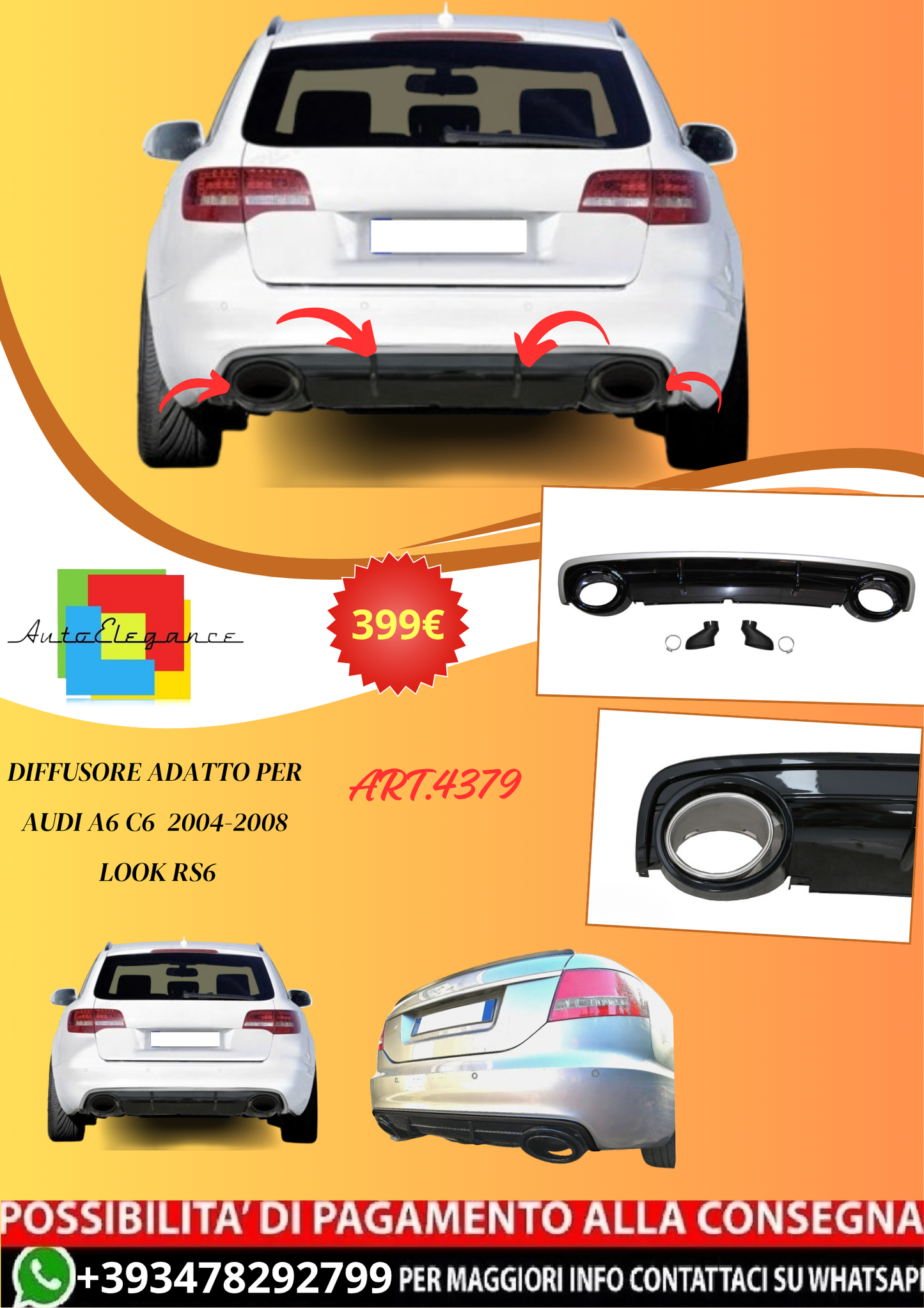 💫ART.4379 Diffusore adatto per Audi A6 Sedan / Avant C6 2004-2008 Look RS6💫