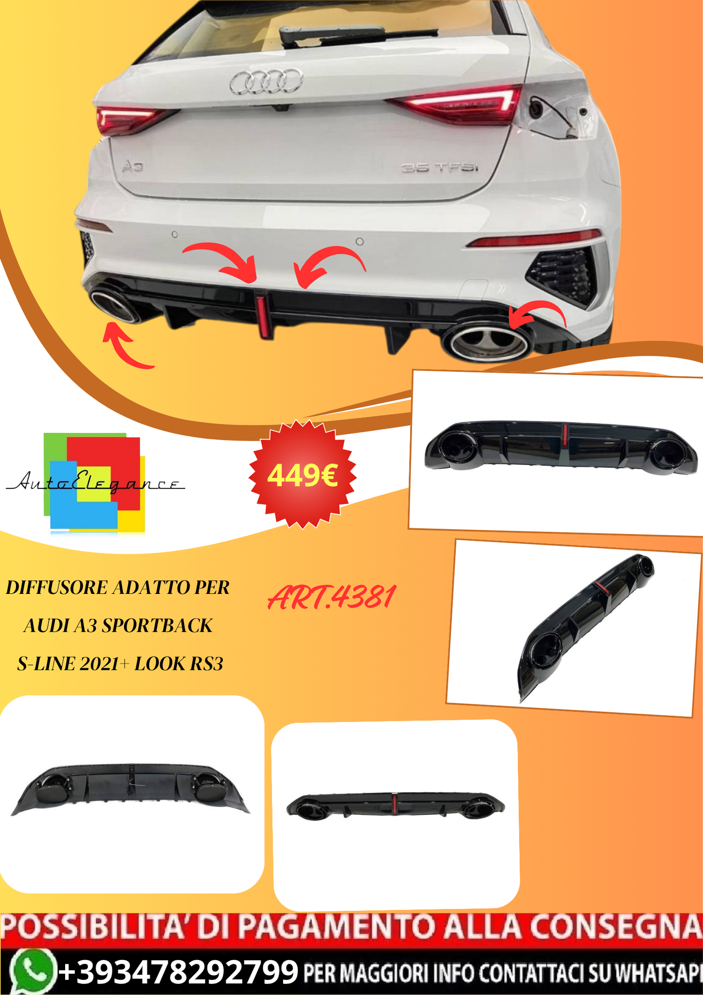 💫ART.4381 Diffusore adatto per Audi A3 Sportback S-Line 2021+ Look RS3💫
