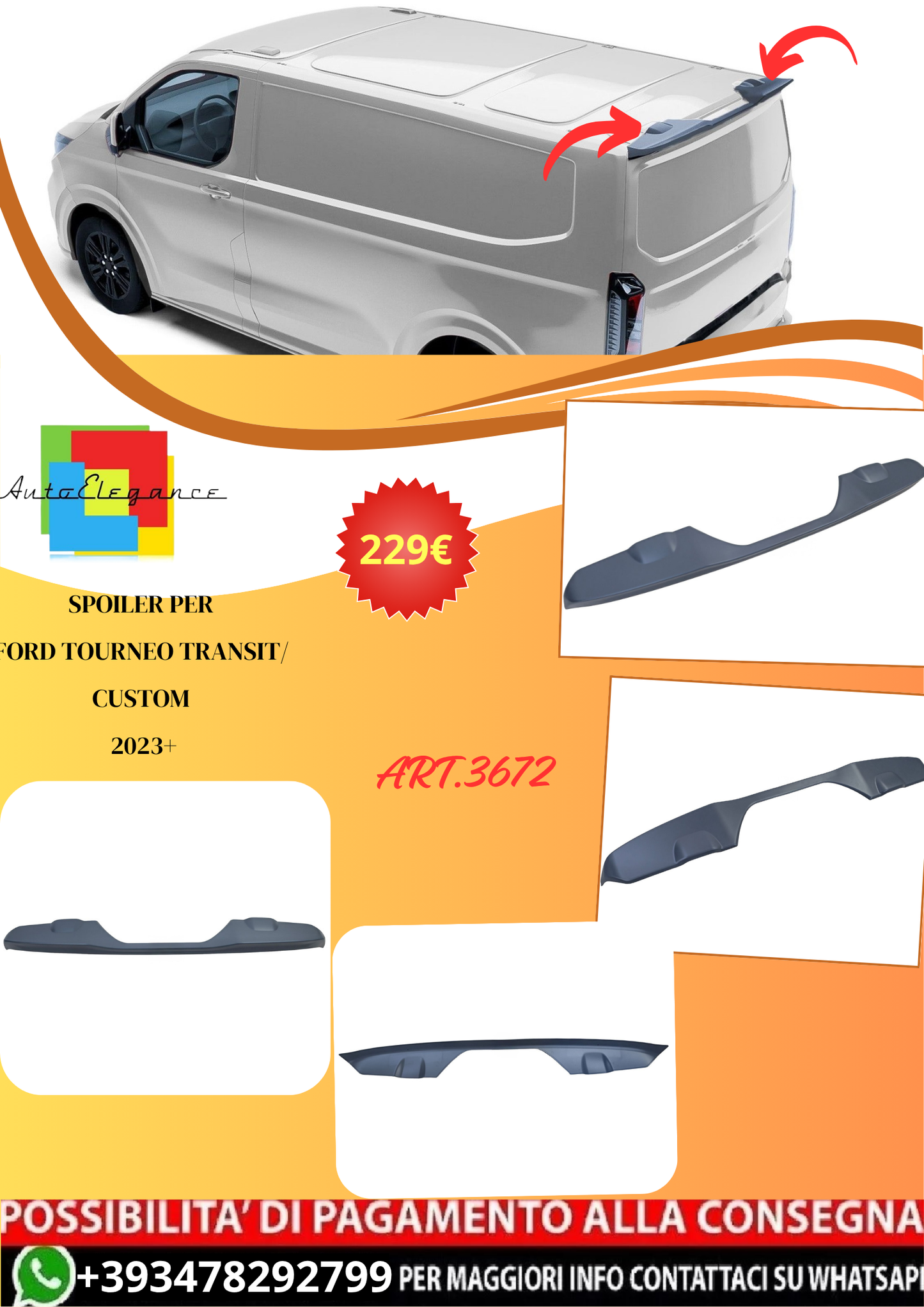 💫ART.3672 Spoiler con primer per Ford Tourneo / Transit Custom 2023+💫