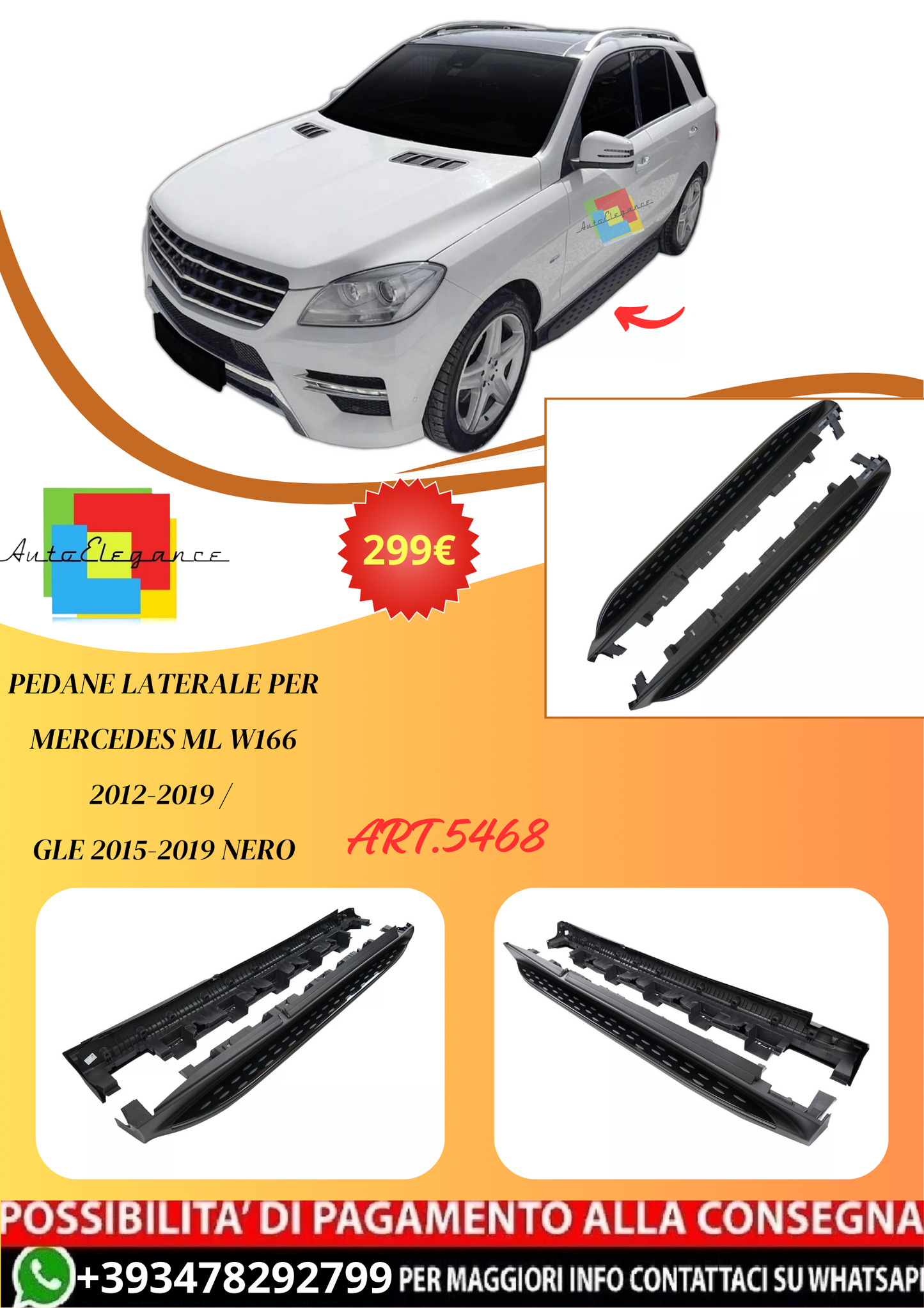 💫ART.5468 Pedane Laterale per Mercedes ML W166 2012-2019 / GLE 2015-2019 Nero💫