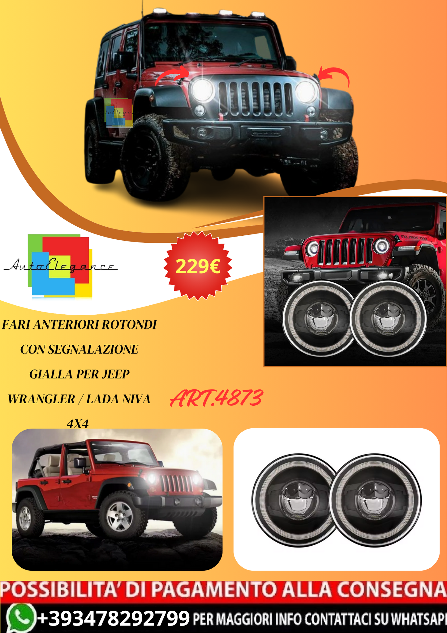 💫ART.4873 Fari Anteriori Rotondi LED per Jeep Wrangler / Lada Niva 4X4 💫