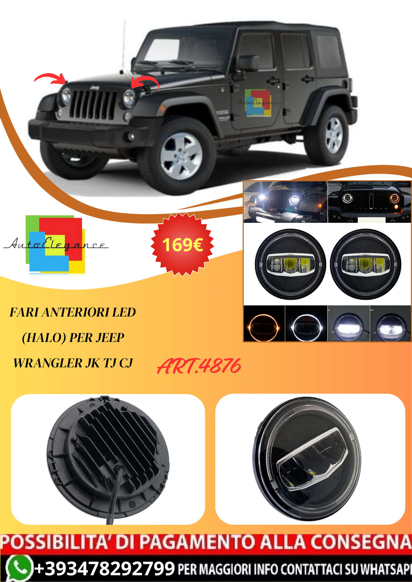 💫ART.4876 Fari Anteriori LED (Halo) per Jeep Wrangler JK TJ CJ💫