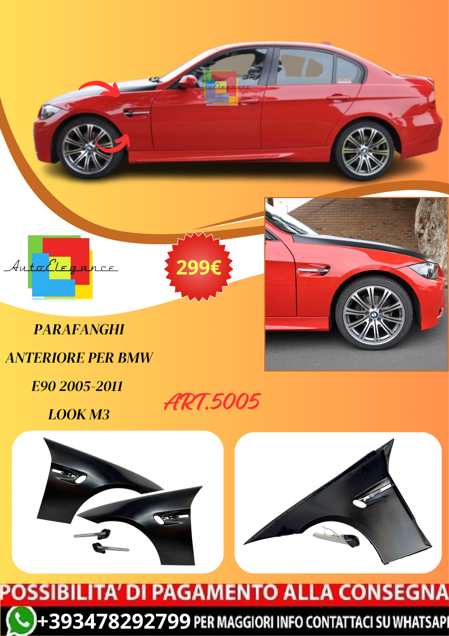 💫ART.5005 Parafanghi Anteriore per BMW E90 2005-2011 Look M3💫