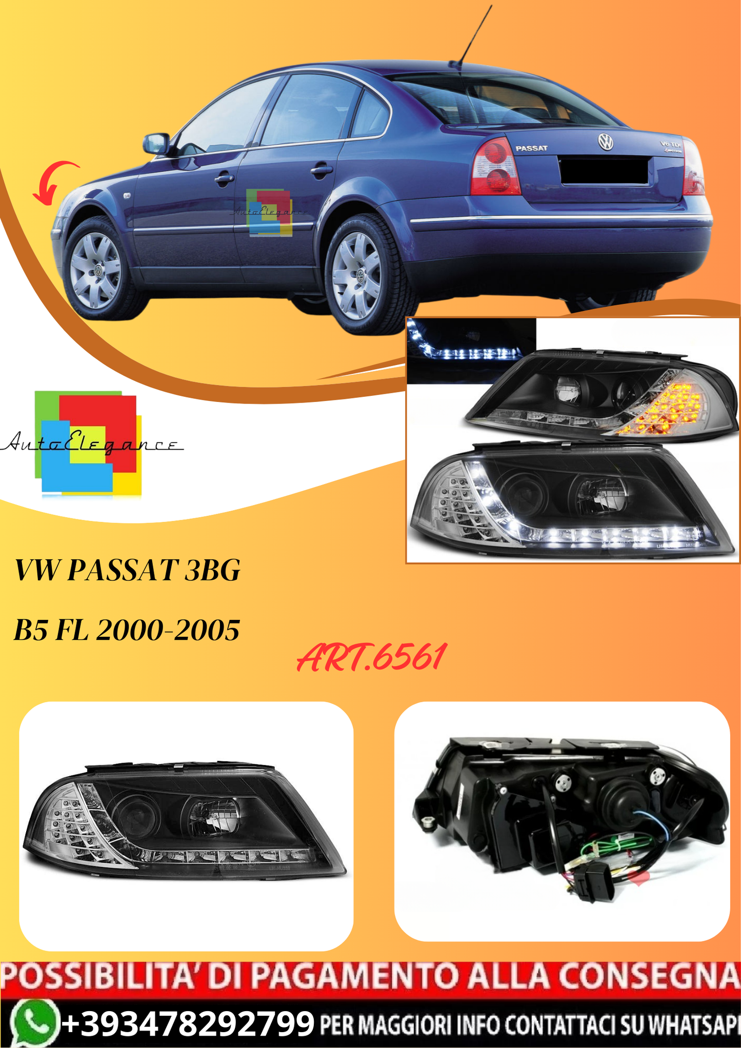 💫ART.6561 FARI DAYLIGHT NERI per VW PASSAT 3BG B5 FL 2000-2005💫