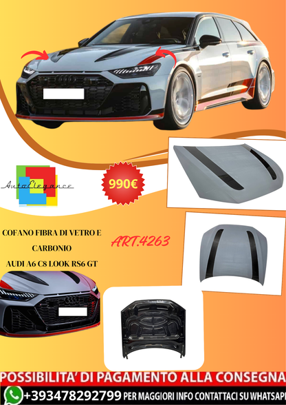 💫ART.4263 Cofano Fibra di Vetro e Carbonio per Audi A6 C8 Look RS6 GT💫