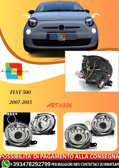 💫ART.6336 FARI 'OCCHI D'ANGELO' PROIETTORE CROMATO LED per FIAT 500 2007-2015 💫