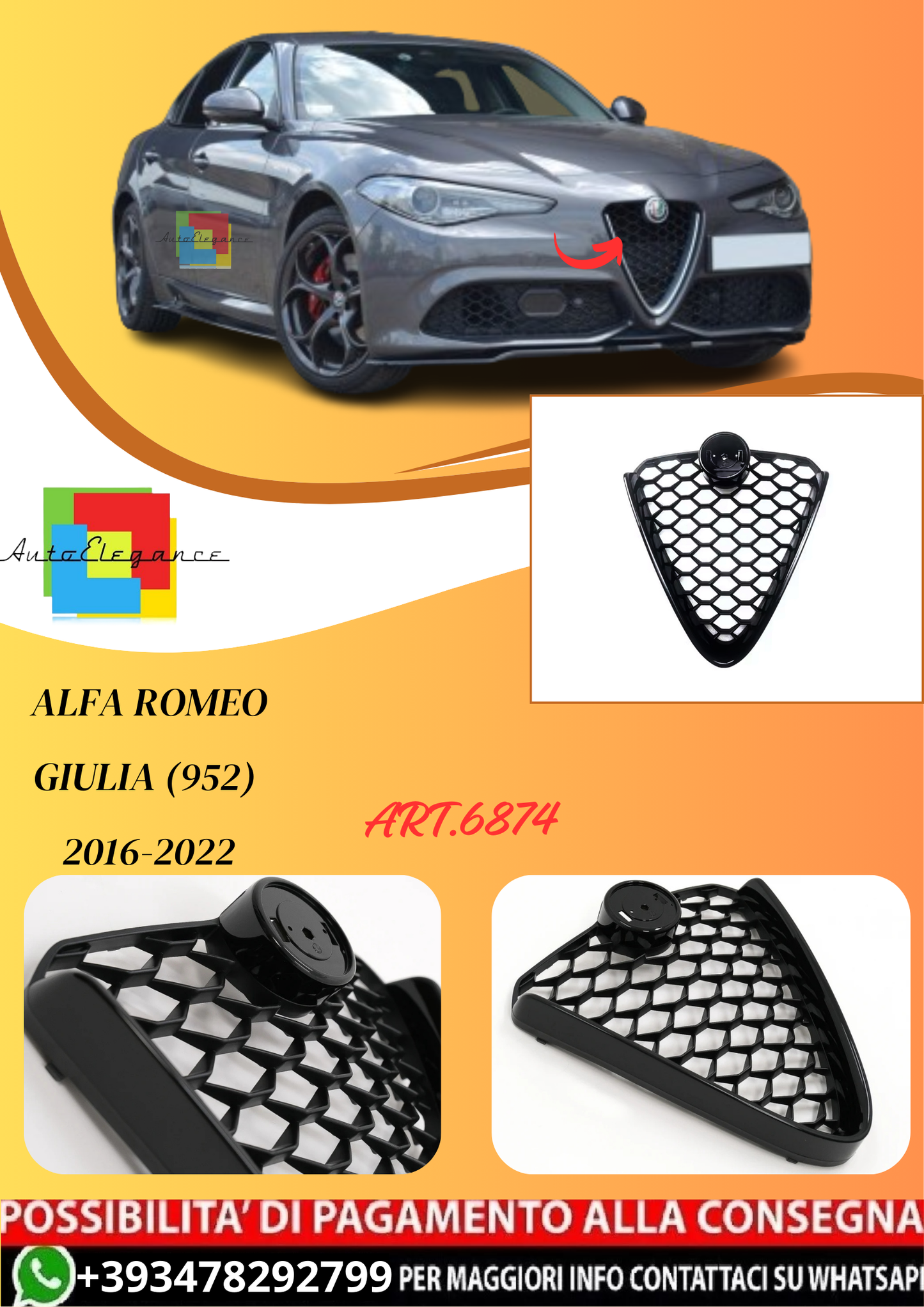💫ART.6874 Griglia Anteriore Nero Pianoforte per Alfa Romeo Giulia (952) 2016-2022💫