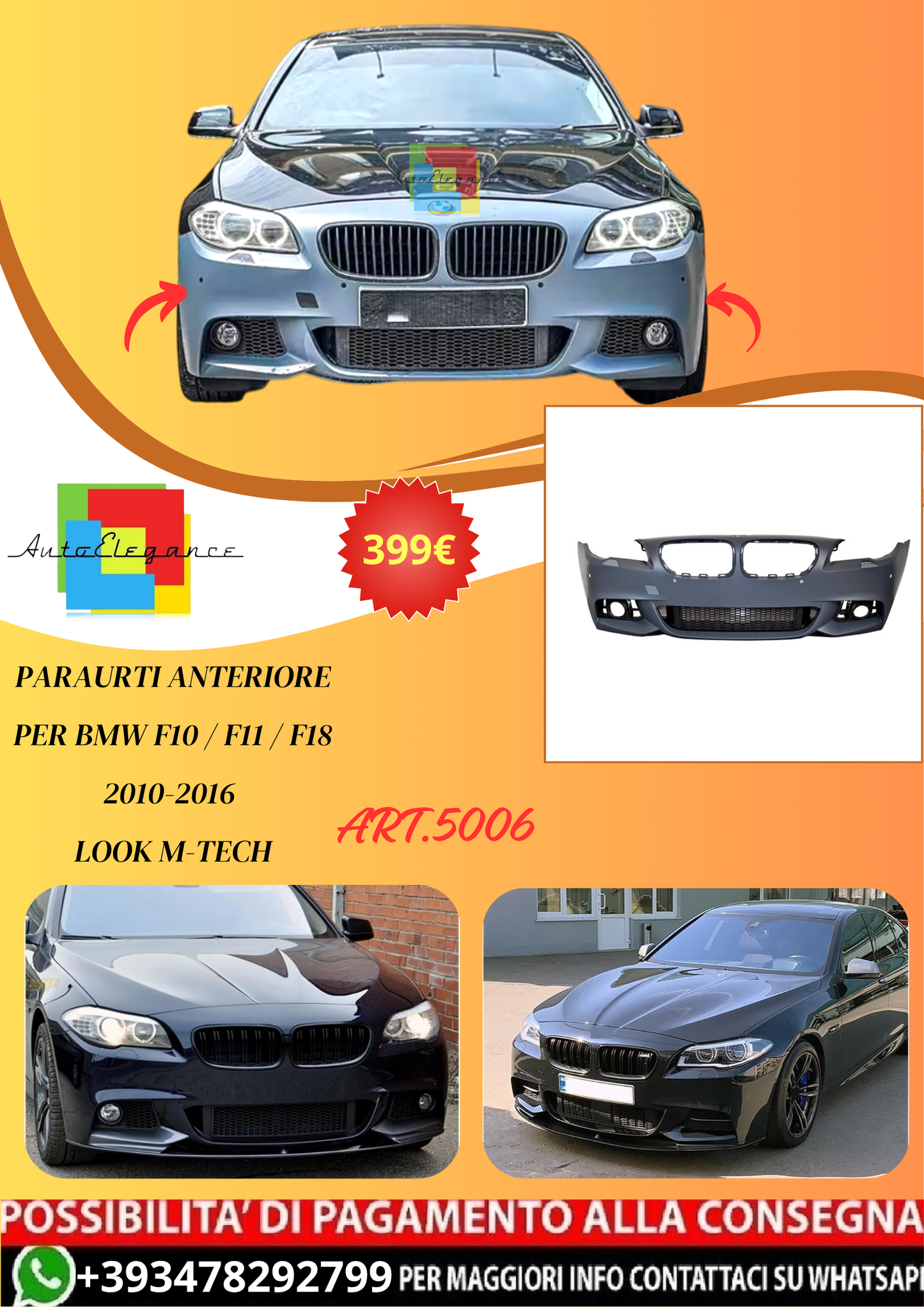💫ART.5006 Paraurti Anteriore per BMW F10 / F11 / F18 2010-2016 Look M-Tech💫