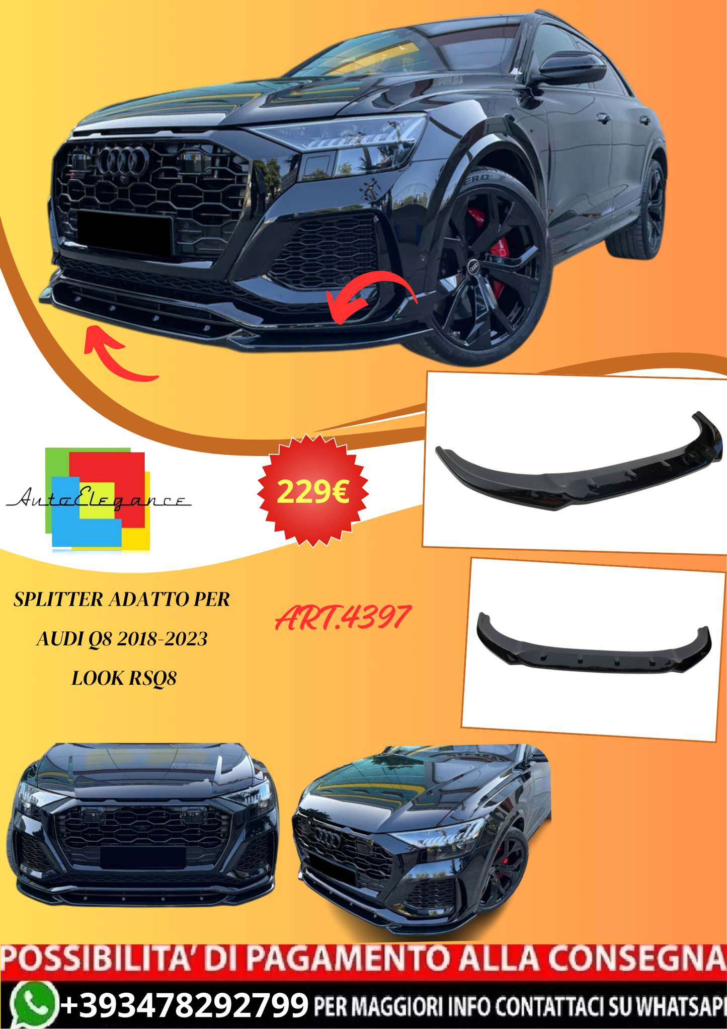💫ART.4397 Splitter (Nero Lucido)adatto per Audi Q8 2018-2023 Look RSQ8💫