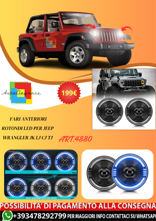 💫ART.4880 Fari Anteriori Rotondi LED per Jeep Wrangler JK LJ CJ TJ💫