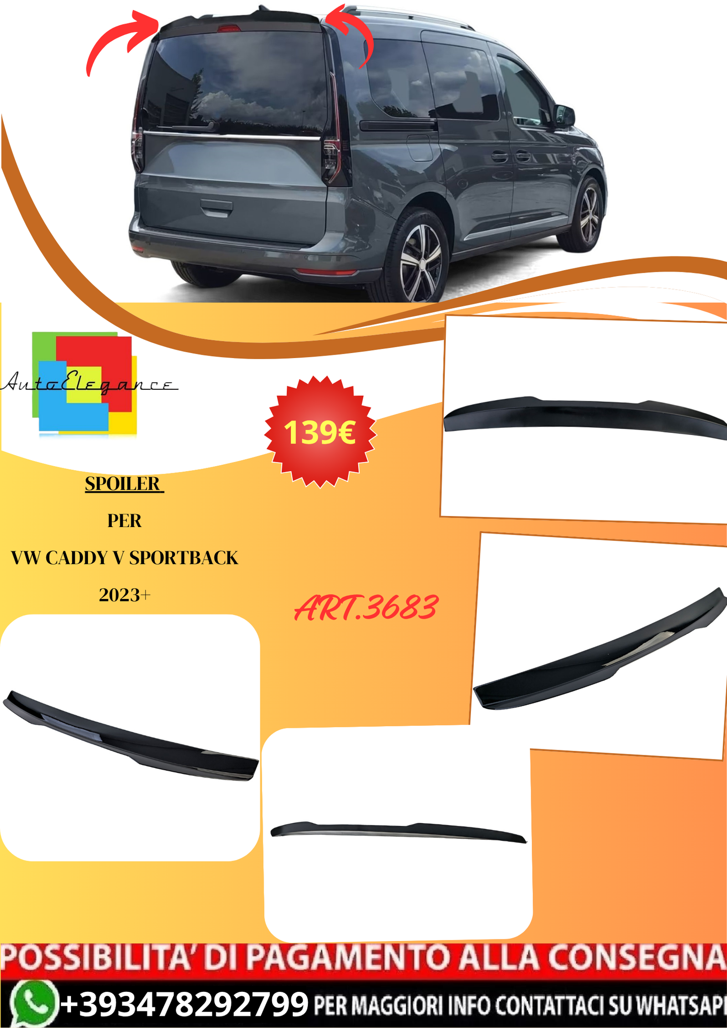 💫ART.3683 Spoiler Nero Lucido adatto per VW Caddy V SB 2020+💫