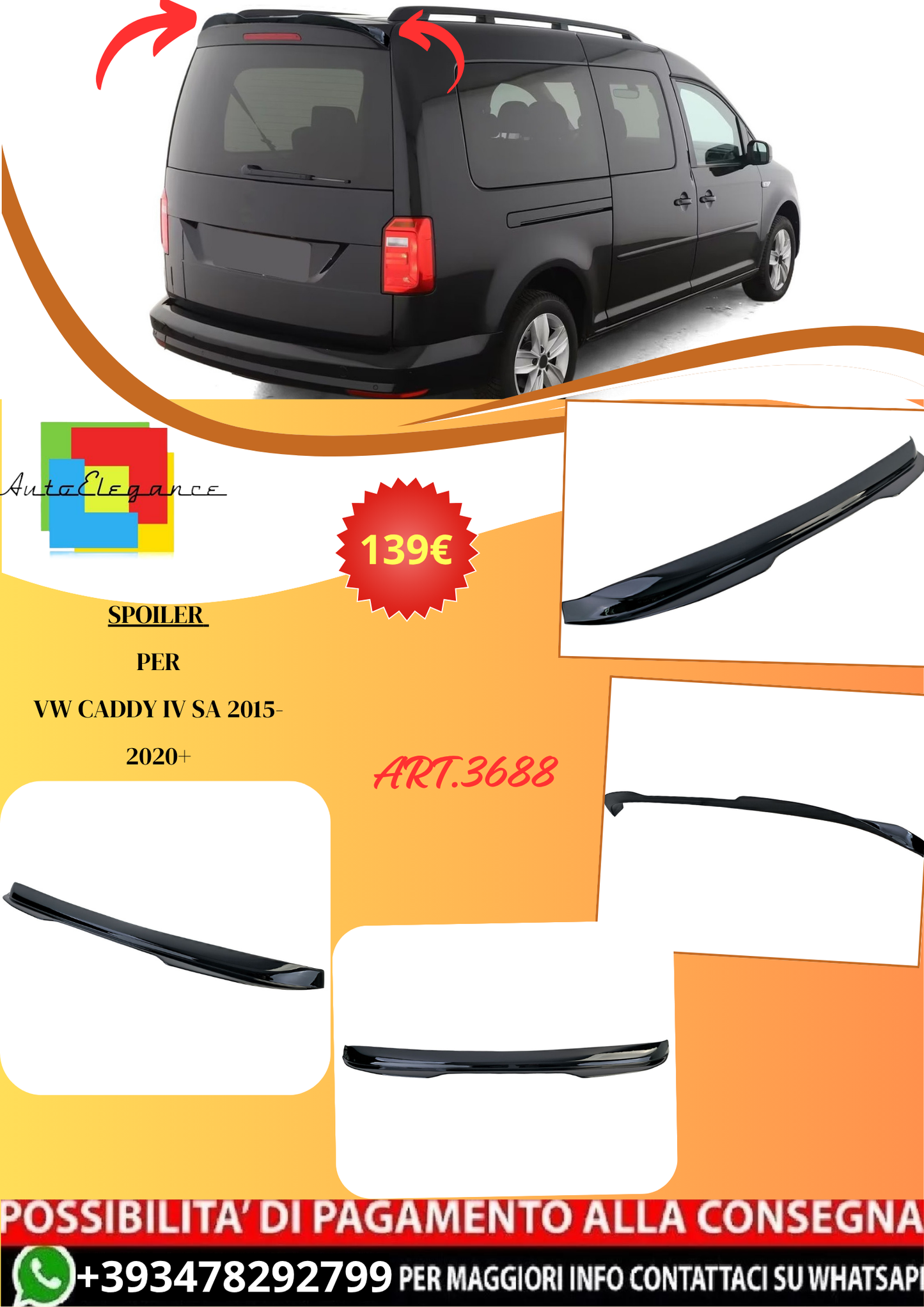 💫ART.3688 Spoiler Tetto Nero Lucido adatto per VW Caddy IV SA 2015-2020💫