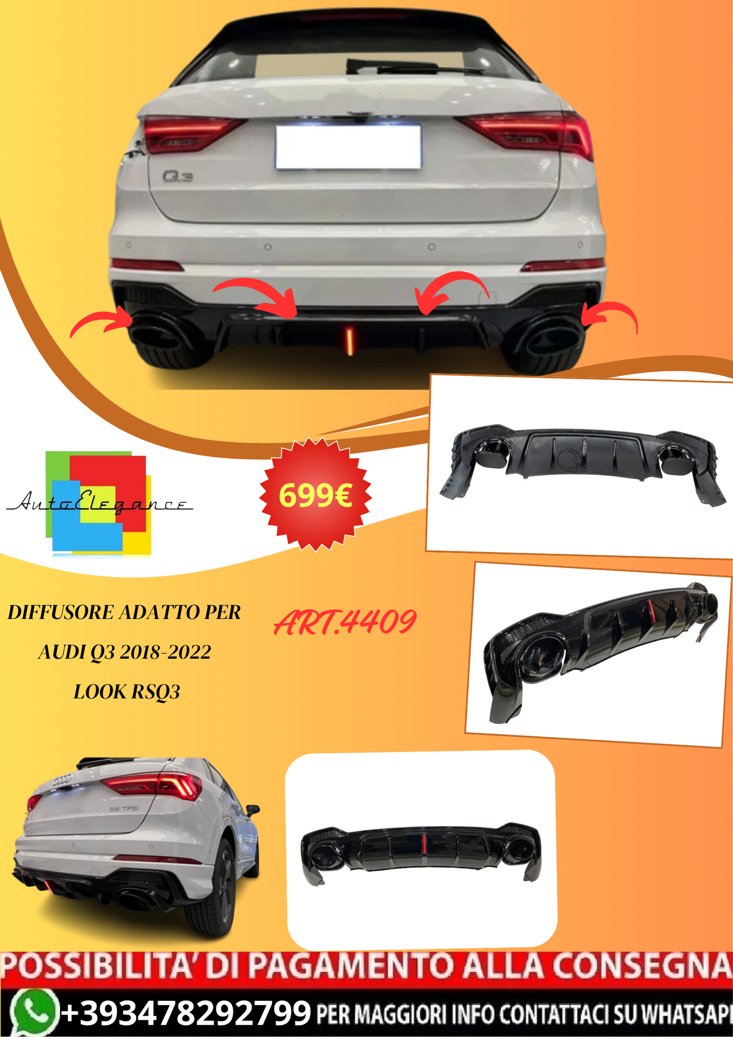 💫ART.4409 Diffusore Posteriore adatto per Audi Q3 2018-2022 Look RSQ3💫