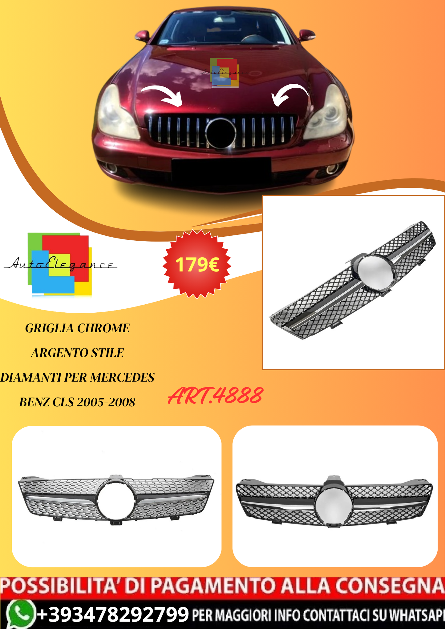 💫ART.4888 Griglia Chrome Argento Stile Diamanti per Mercedes CLS 2005-2008💫