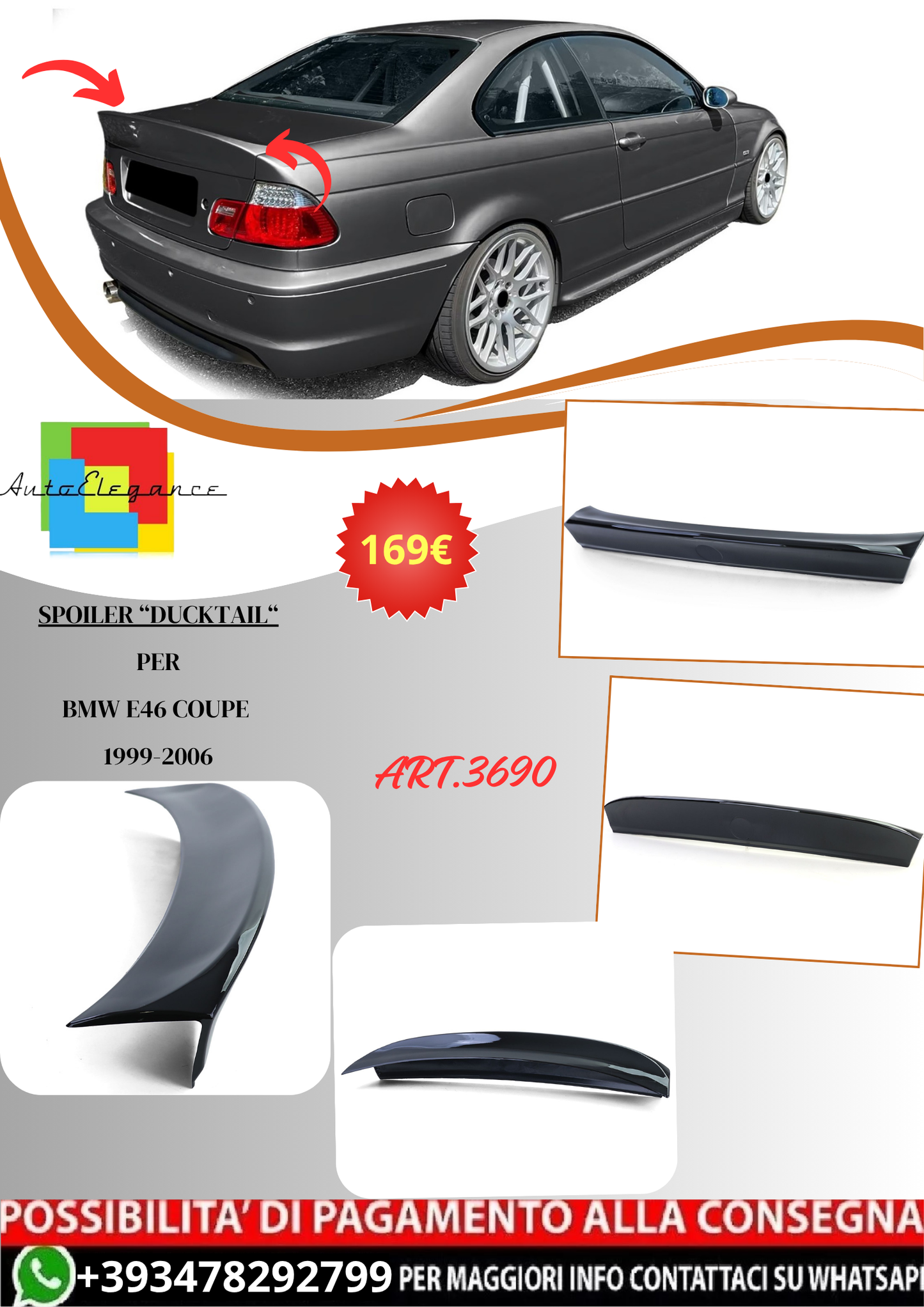 💫ART.3690 Spoiler Posteriore 'Ducktail' Nero Lucido per BMW E46 Coupe 99-06💫